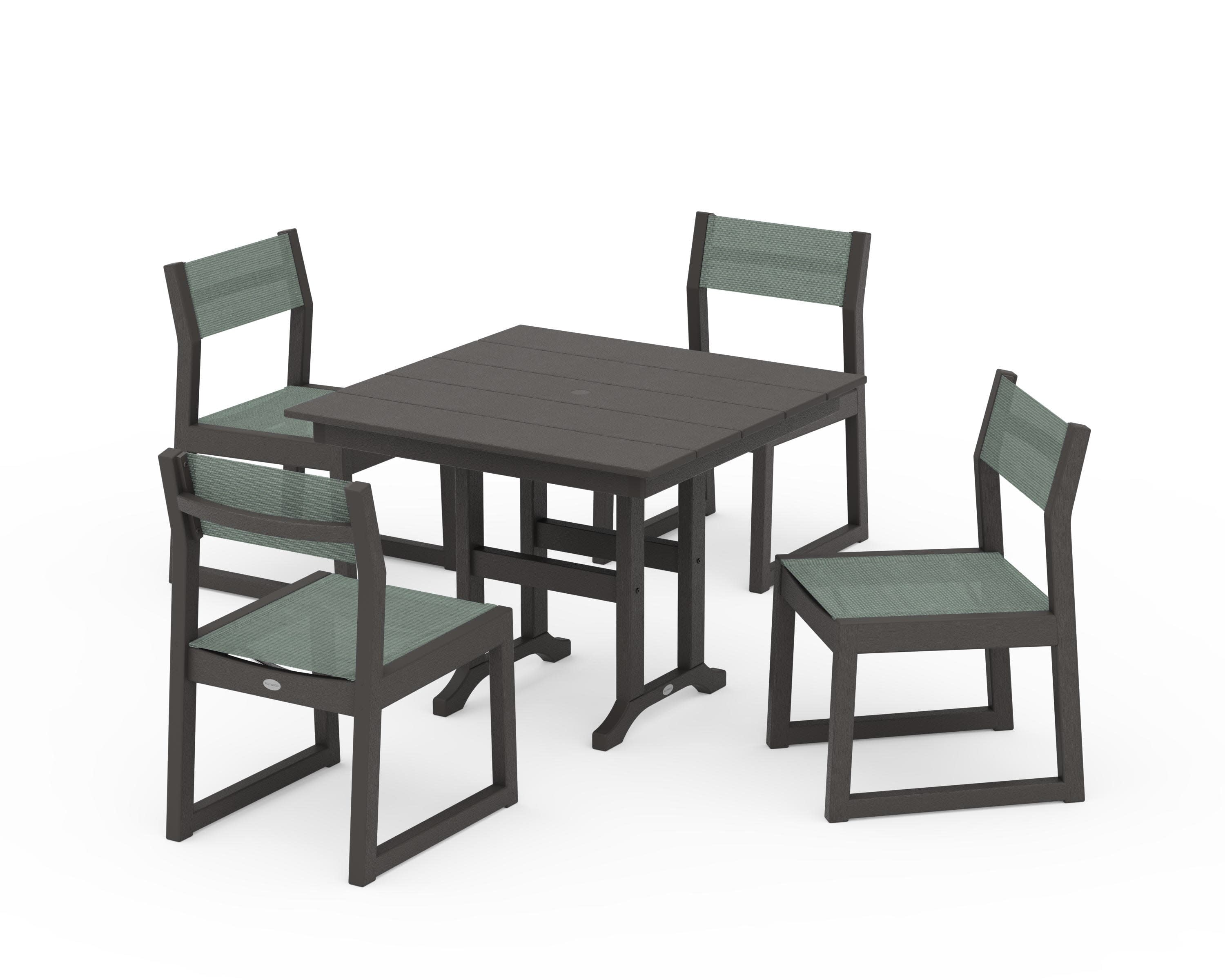 EDGE Sling Side Chair 5-Piece Farmhouse Dining Set in Vintage Coffee / Dupioni Sea Mist Sling
