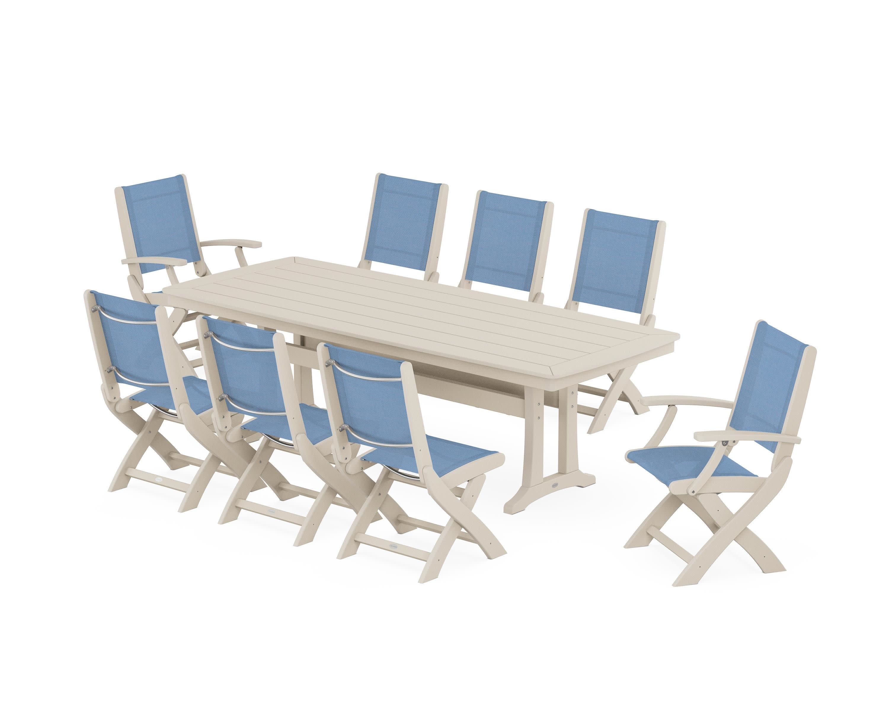 Coastal Folding 9-Piece Dining Set with Trestle Legs in Sand / Poolside Sling
