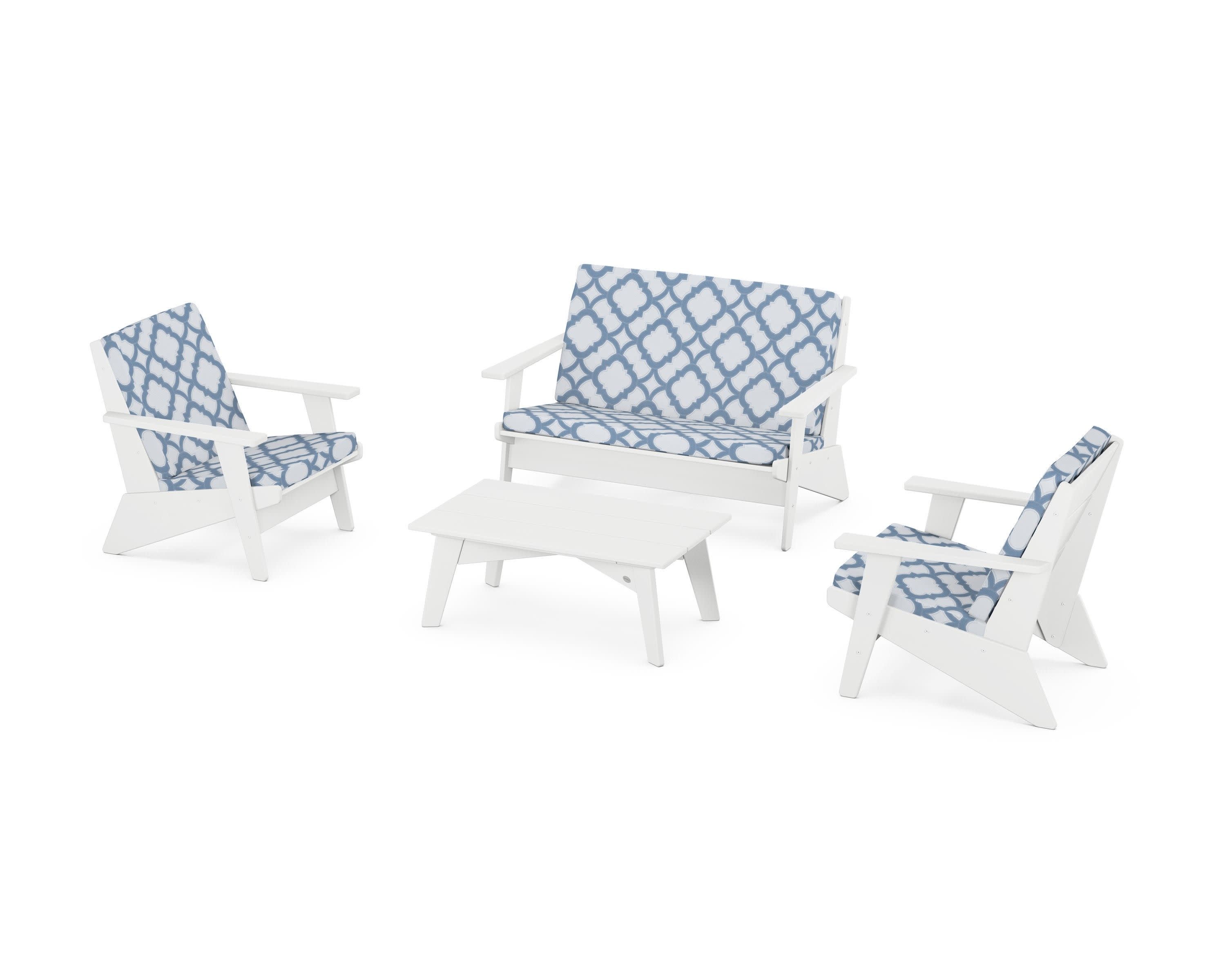 Riviera Modern Lounge 4-Piece Set in White / Trellis Sky Blue