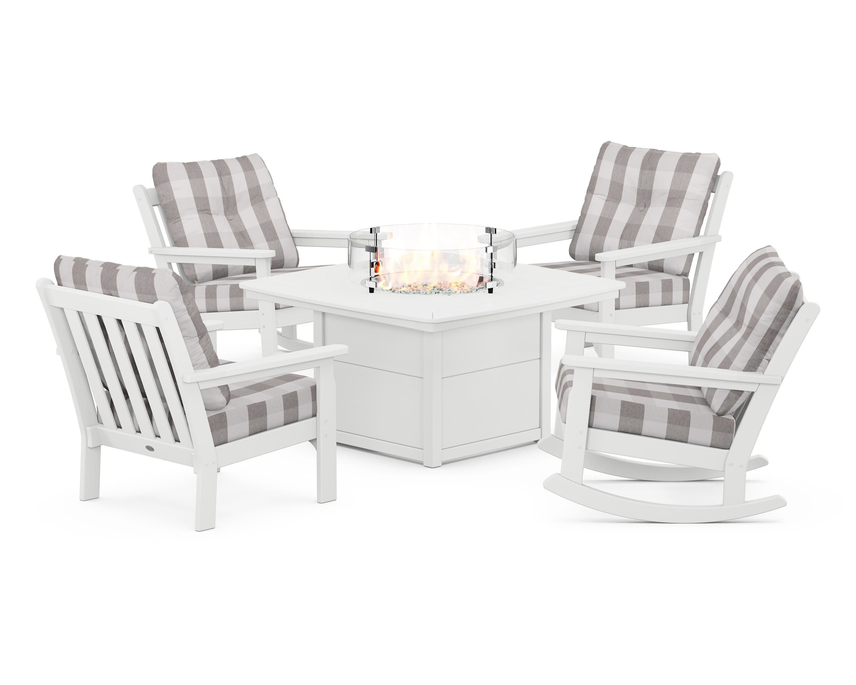 Vineyard 5-Piece Deep Seating Rocking Chair Conversation Set with Fire Pit Table in White / Buffalo Plaid Grey Mist