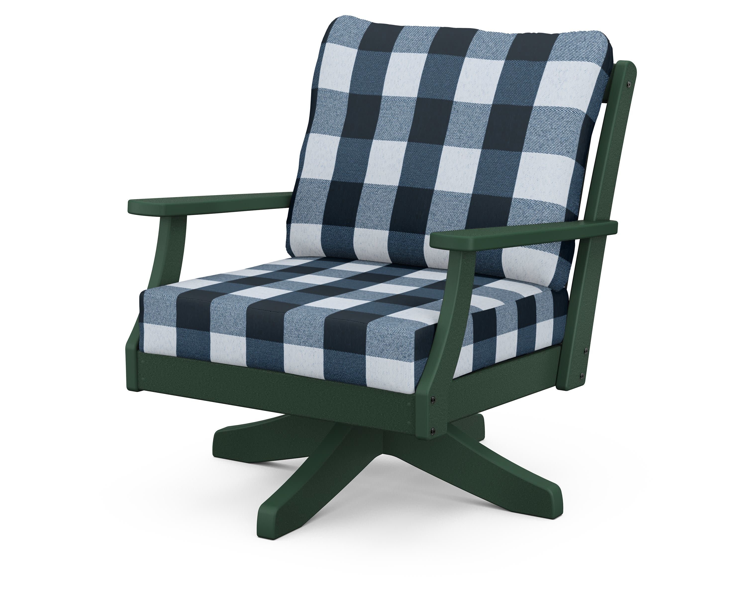 Braxton Deep Seating Swivel Chair in Green / Buffalo Plaid Marine Indigo