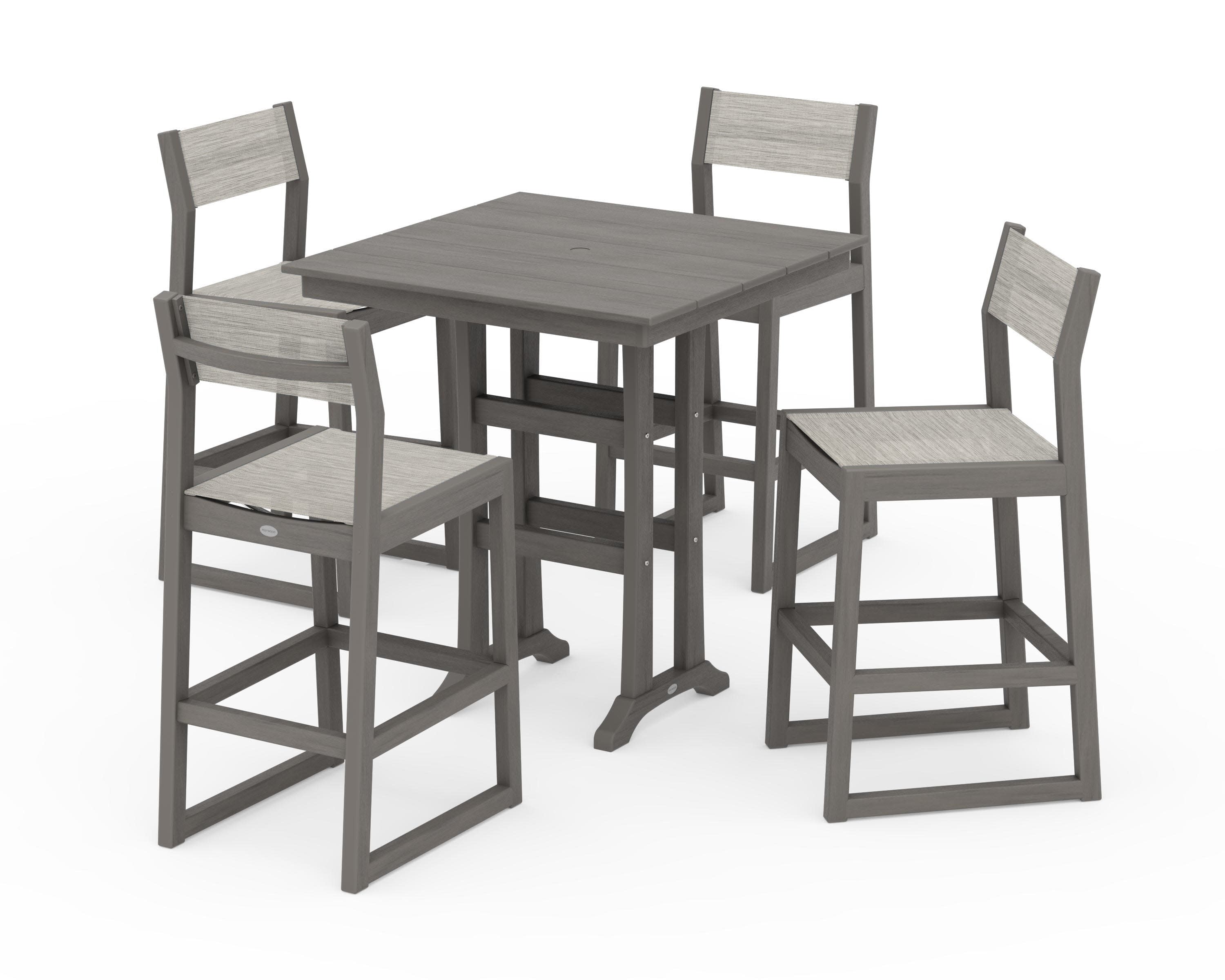 EDGE Sling Arm Chair 5-Piece Farmhouse Bar Set with Trestle Legs in Driftwood / Birch Sling