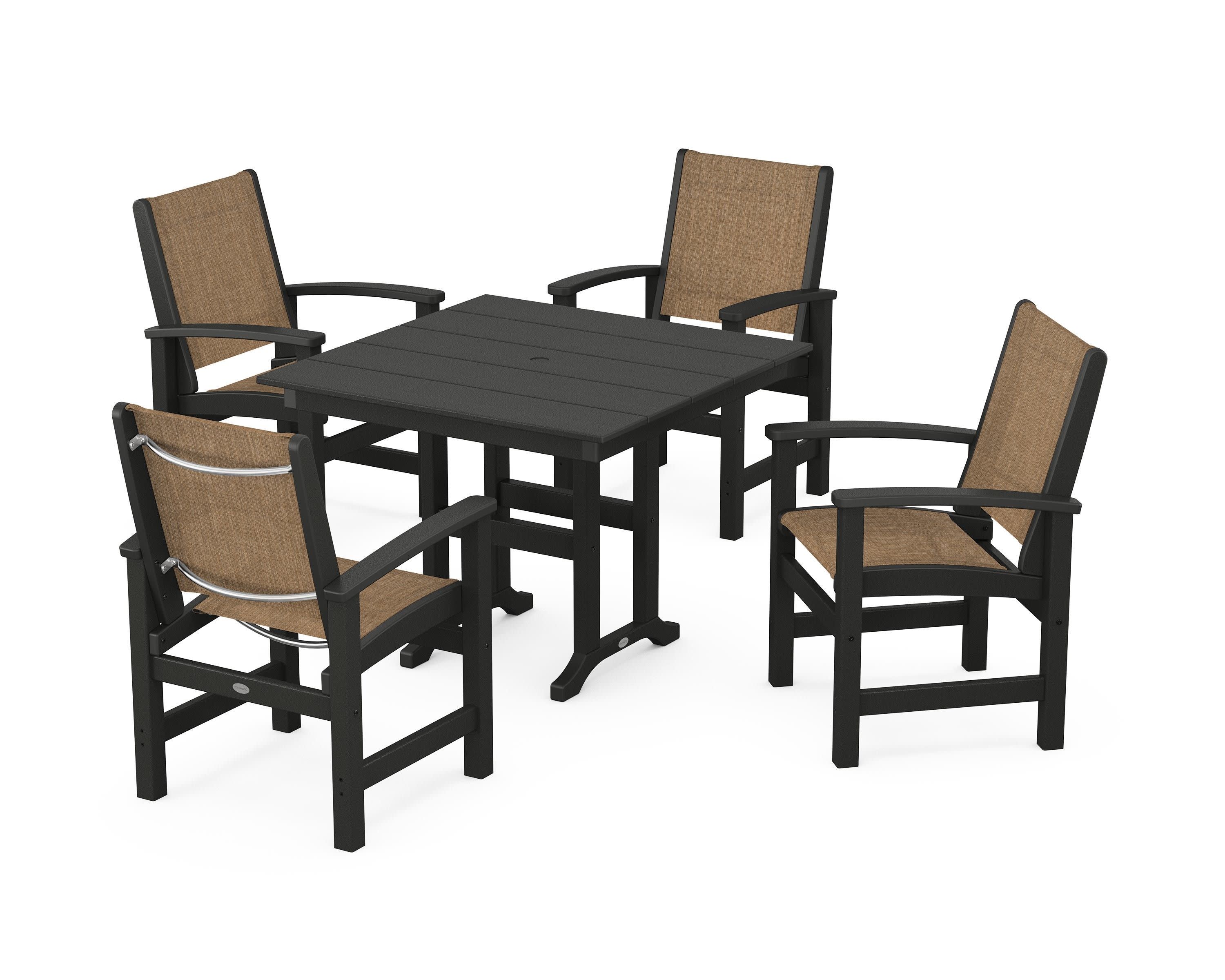 Coastal 5-Piece Farmhouse Dining Set in Black / Burlap Sling
