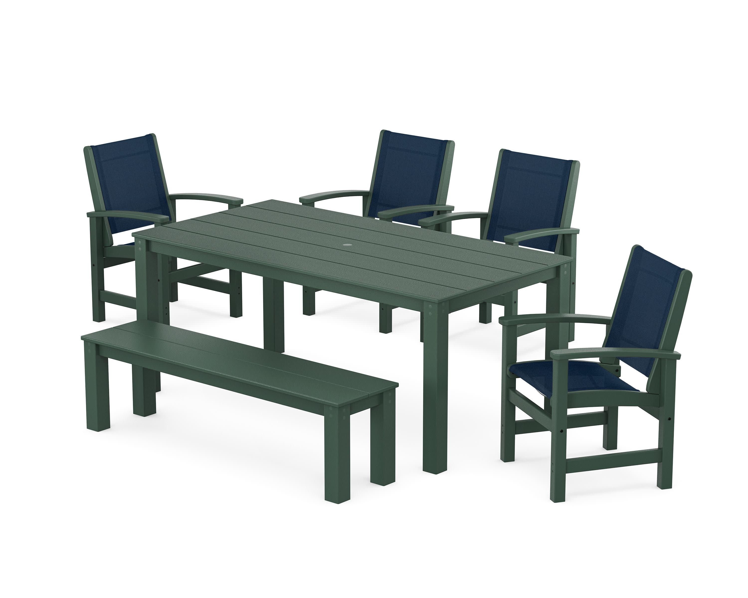 Coastal 6-Piece Parsons Dining Set with Bench in Green / Navy Blue Sling