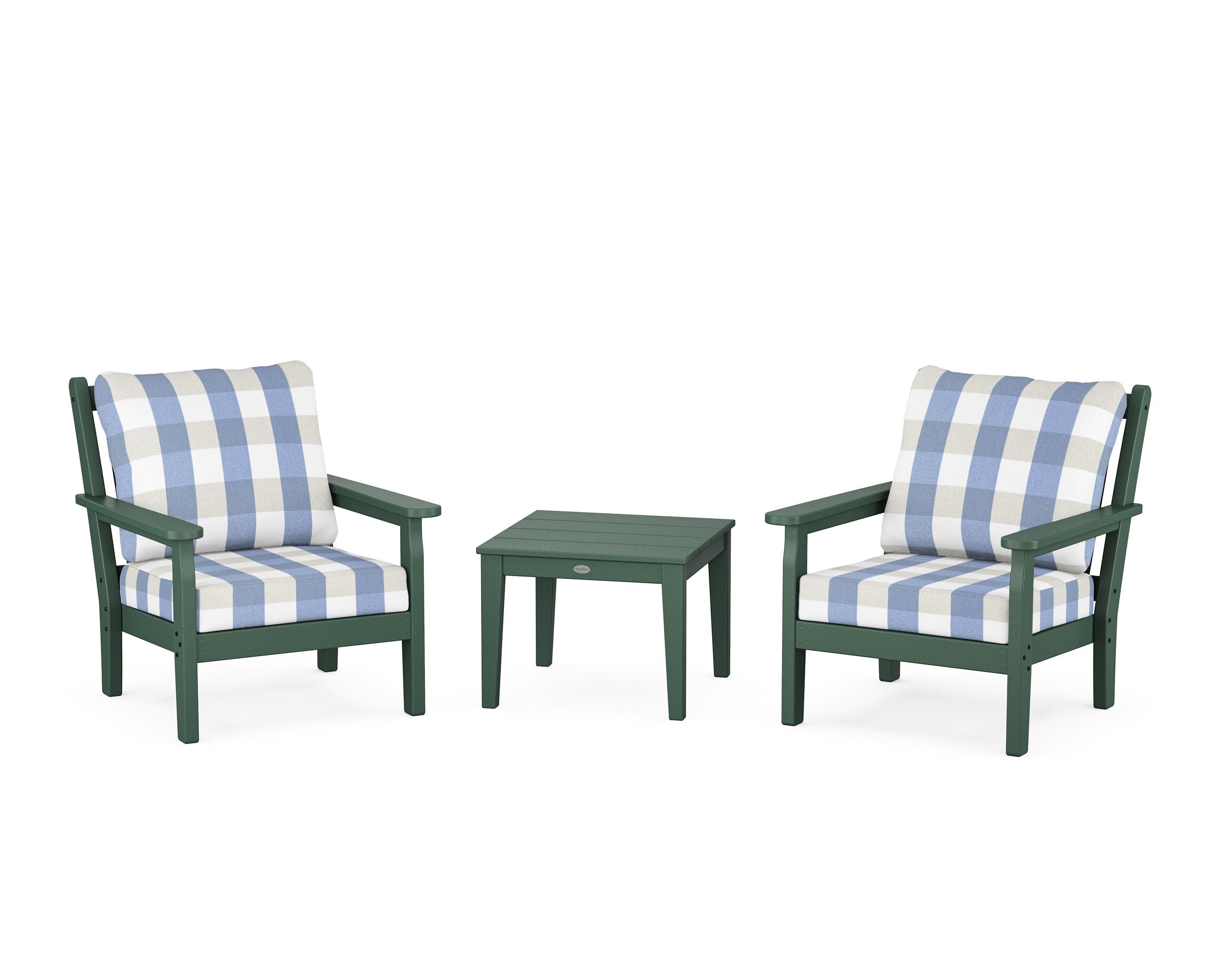 Chippendale 3-Piece Deep Seating Set in Green / Buffalo Plaid Sky Blue