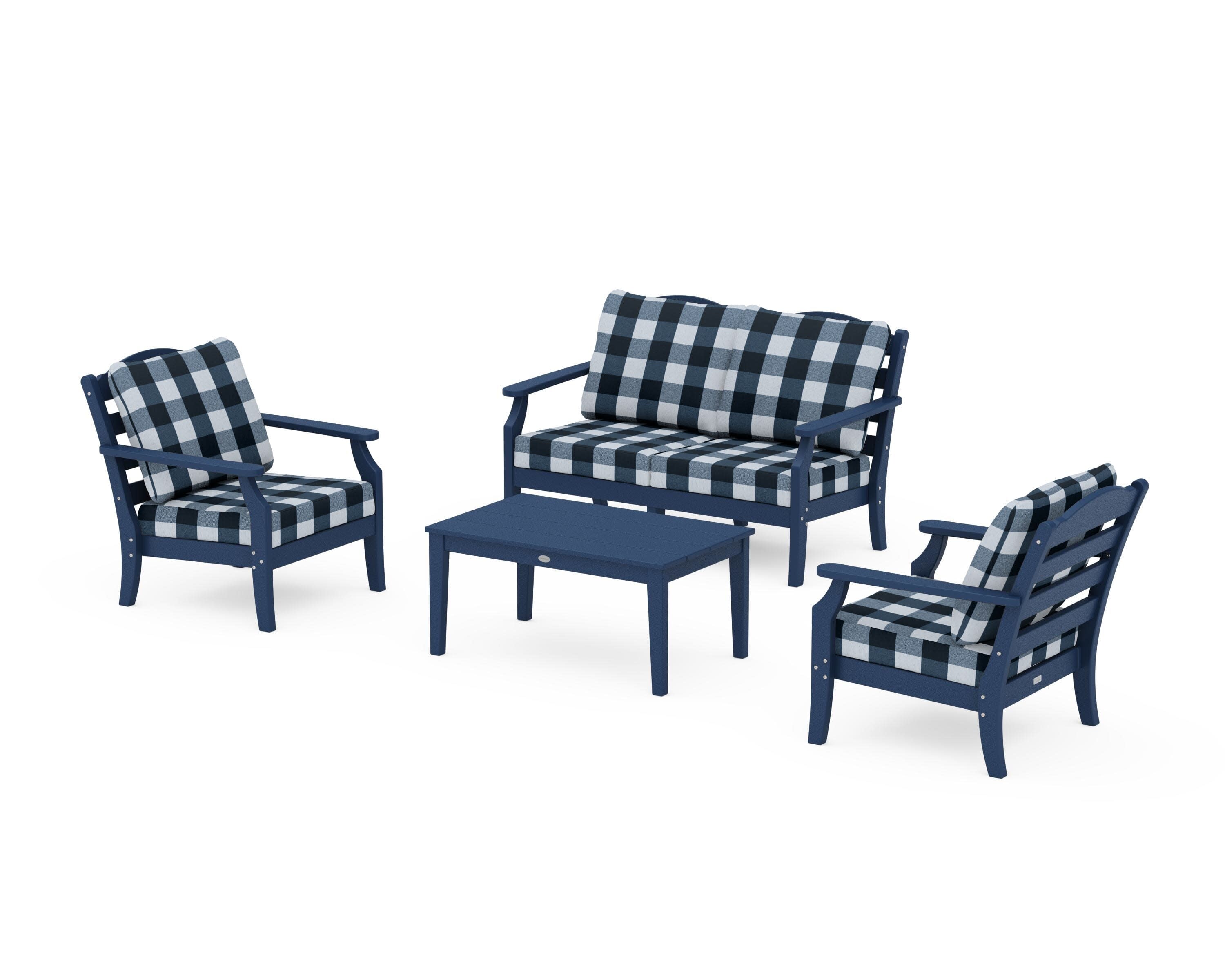 Savannah 4-Piece Deep Seating Set with Loveseat in Navy / Buffalo Plaid Marine Indigo