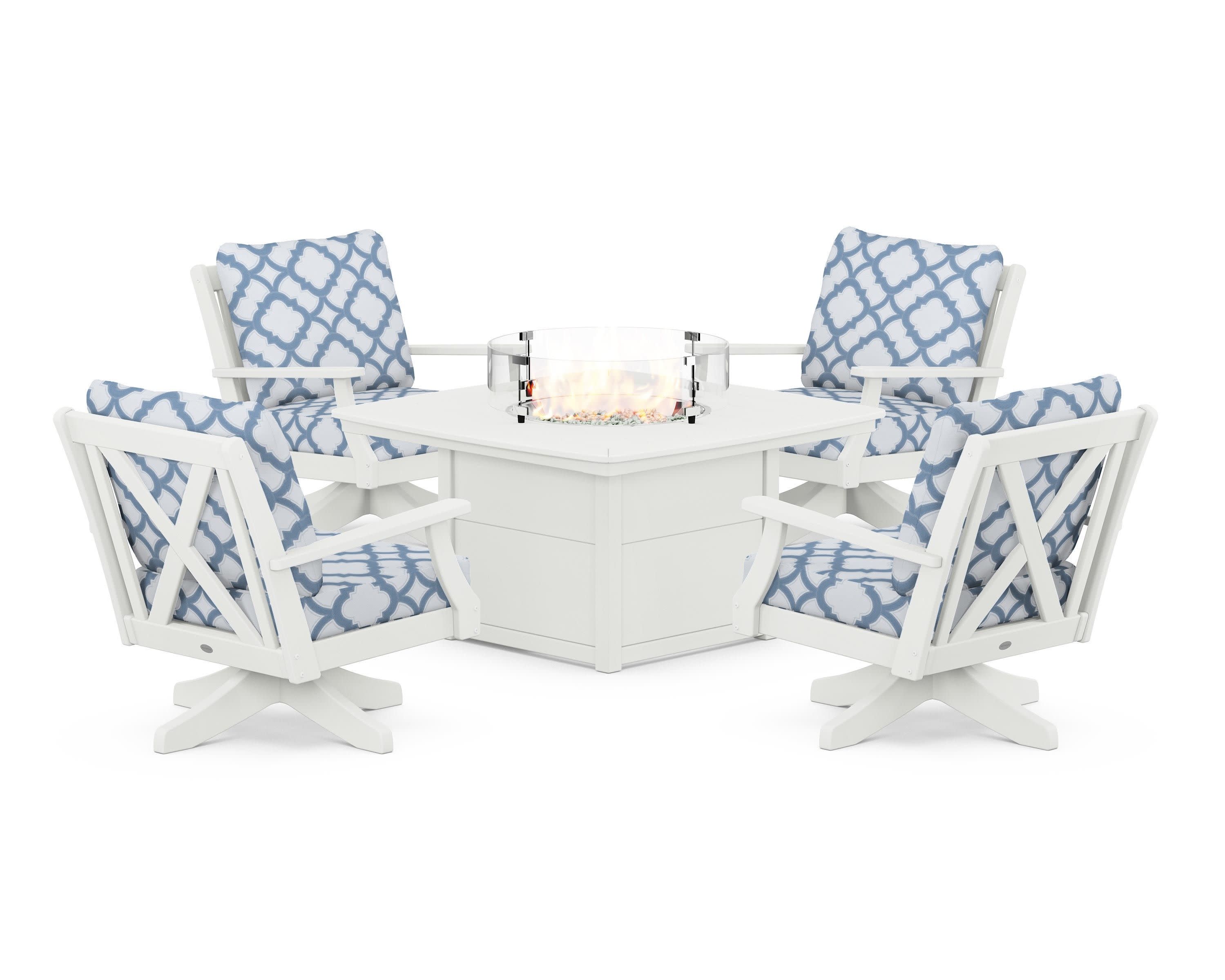 Braxton 5-Piece Deep Seating Swivel Conversation Set with Fire Pit Table in Vintage White / Trellis Sky Blue
