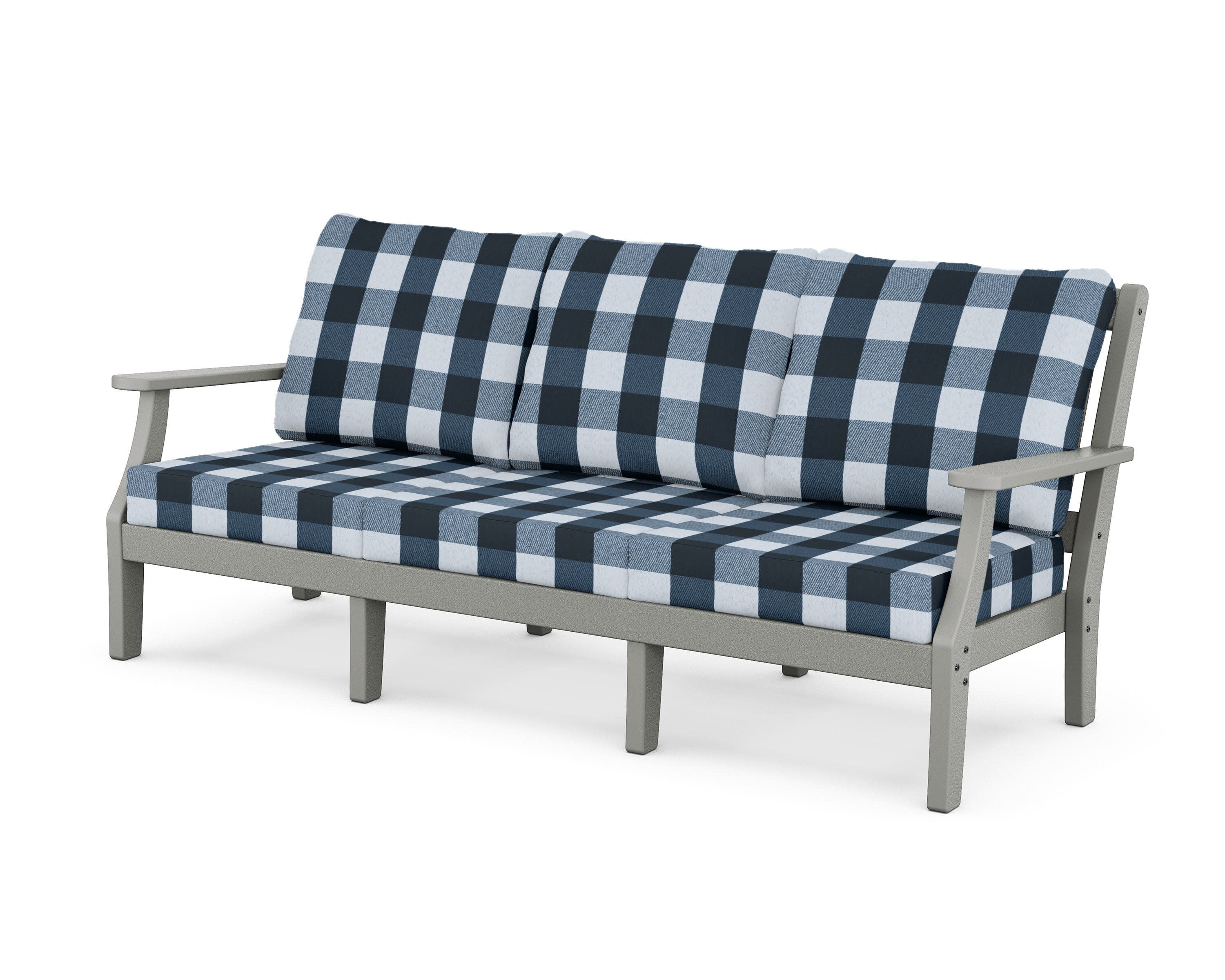 Chinoiserie Deep Seating Sofa in Slate Grey / Buffalo Plaid Marine Indigo