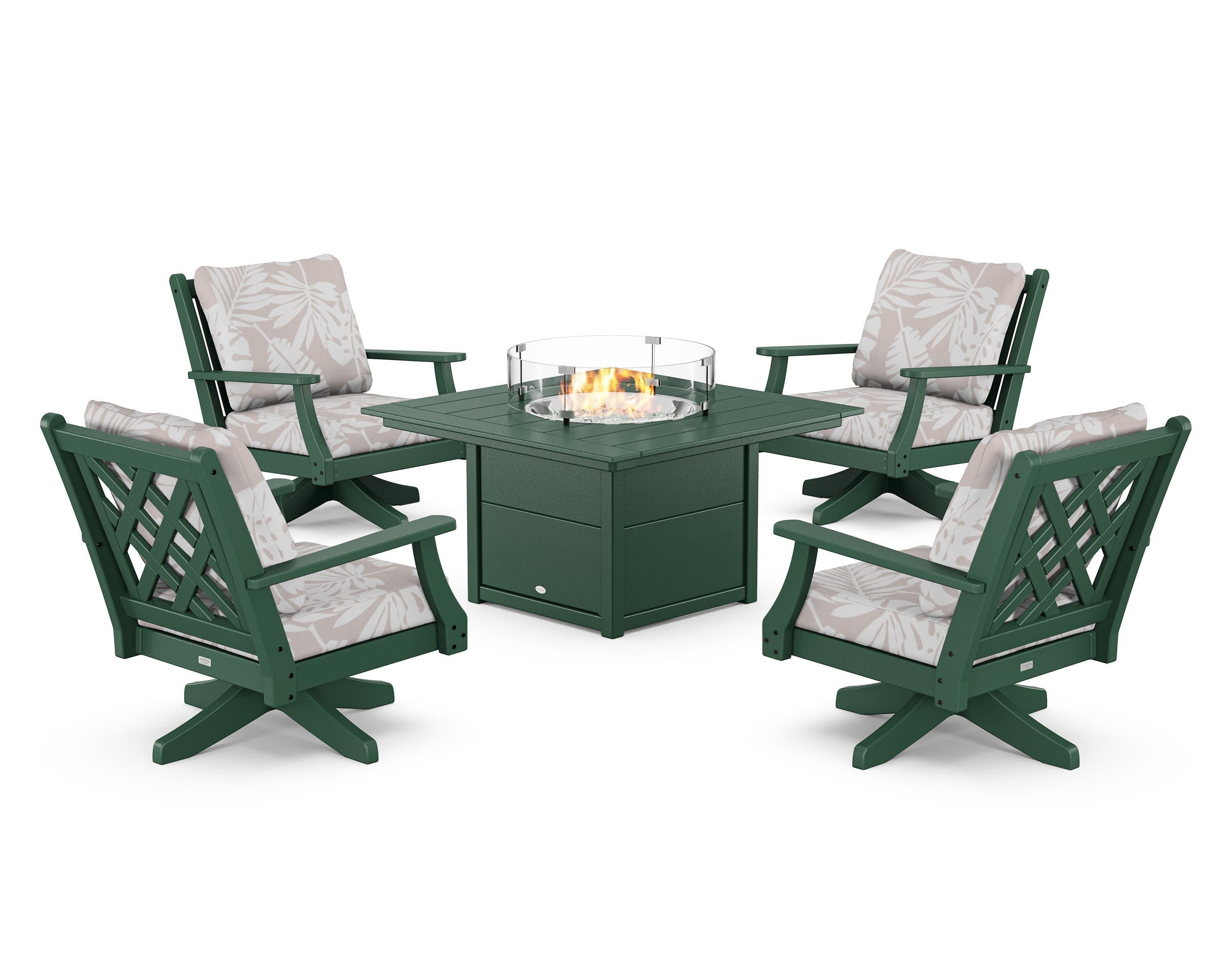 Wovendale 5-Piece Deep Seating Swivel Conversation Set with Fire Pit Table in Green / Leaf Dune Burlap
