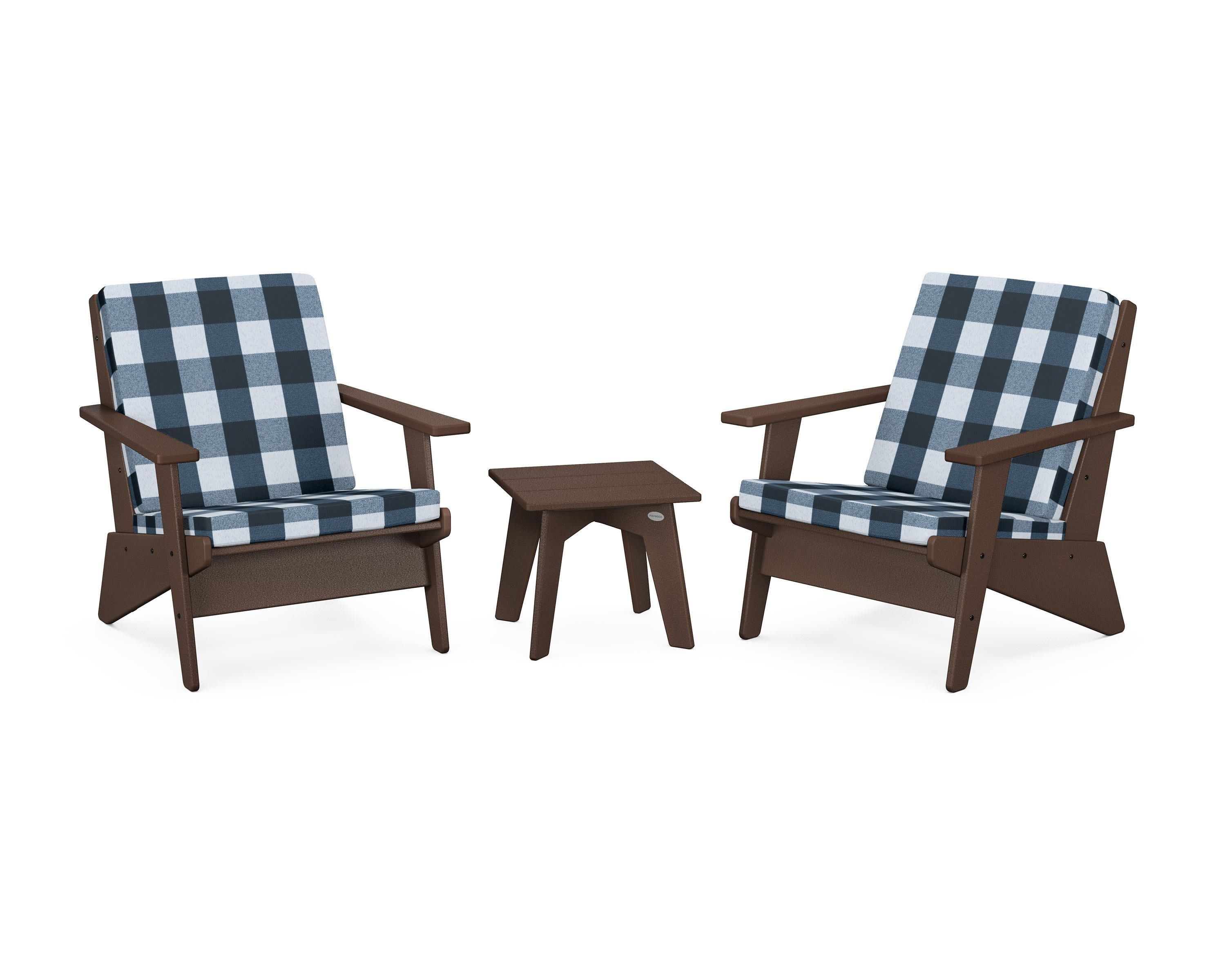 Riviera Modern Lounge 3-Piece Set in Mahogany / Buffalo Plaid Marine Indigo