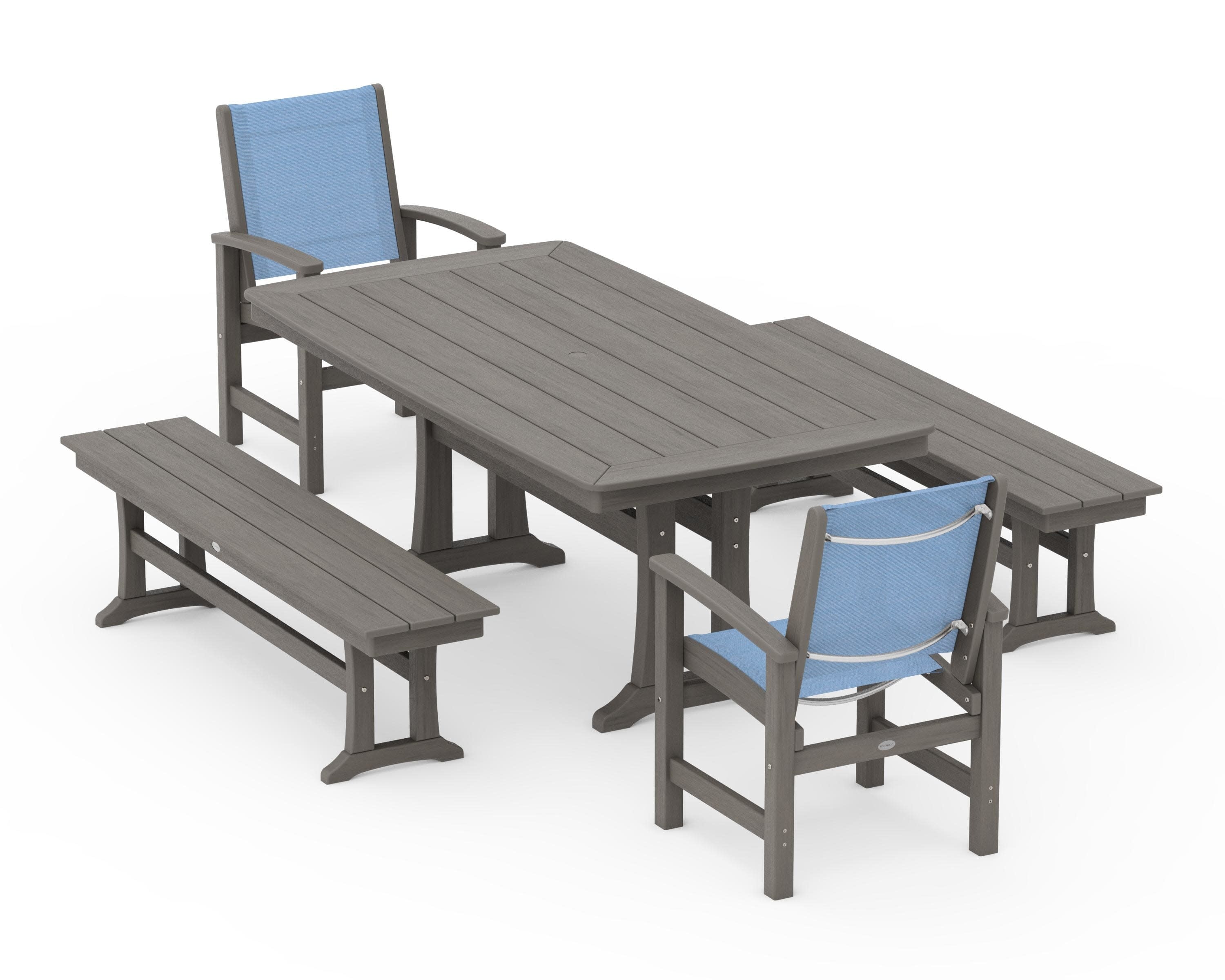 Coastal 5-Piece Dining Set with Trestle Legs and Benches in Driftwood / Poolside Sling