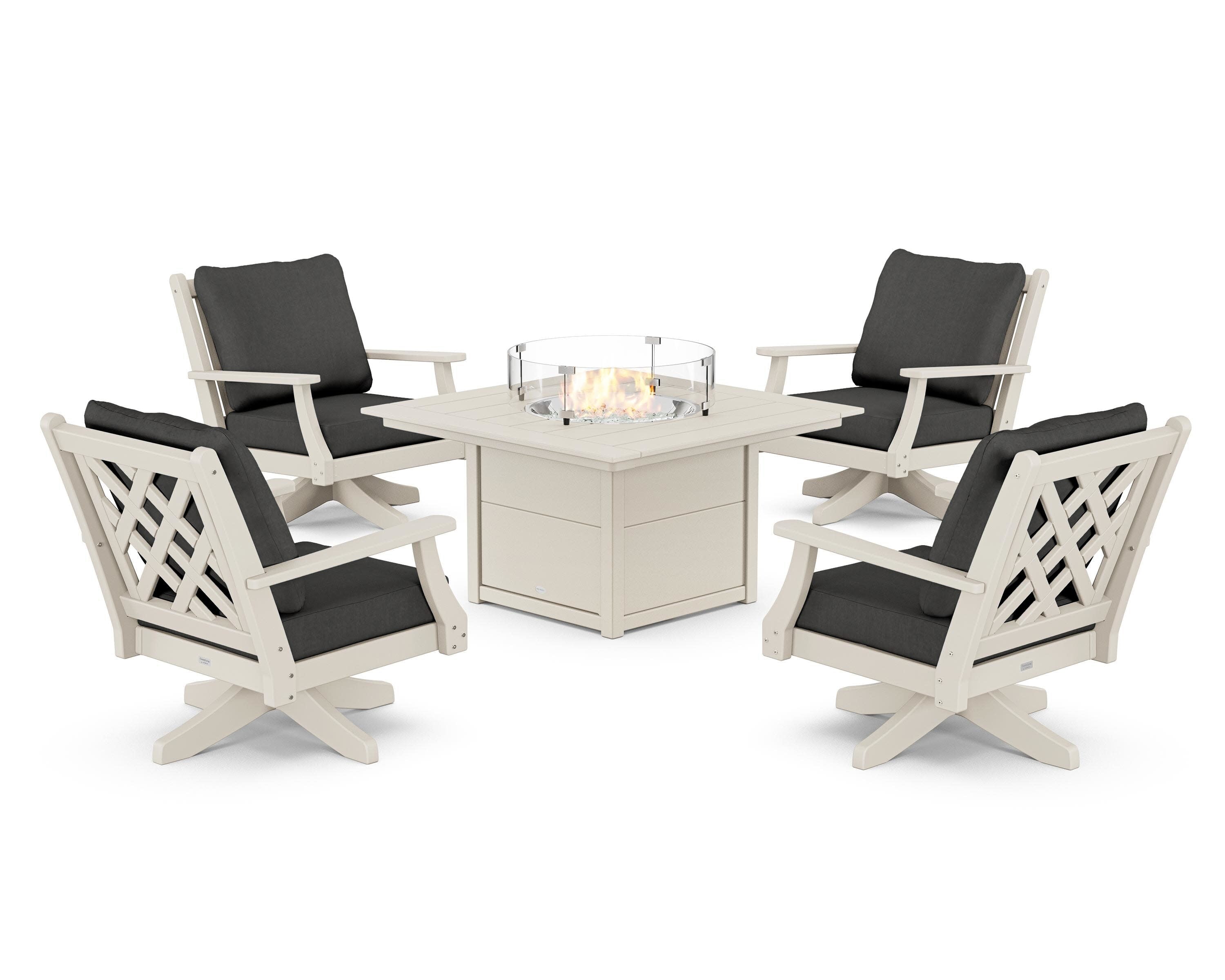 Wovendale 5-Piece Deep Seating Swivel Conversation Set with Fire Pit Table in Sand / Spectrum Carbon