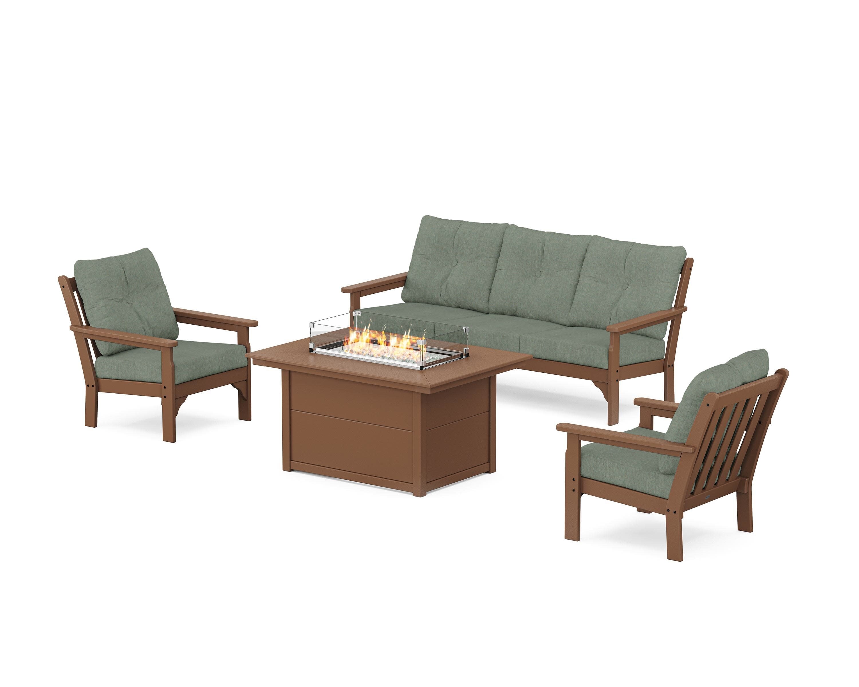 Vineyard Deep Seating Fire Pit Table Set in Teak / Cast Sage