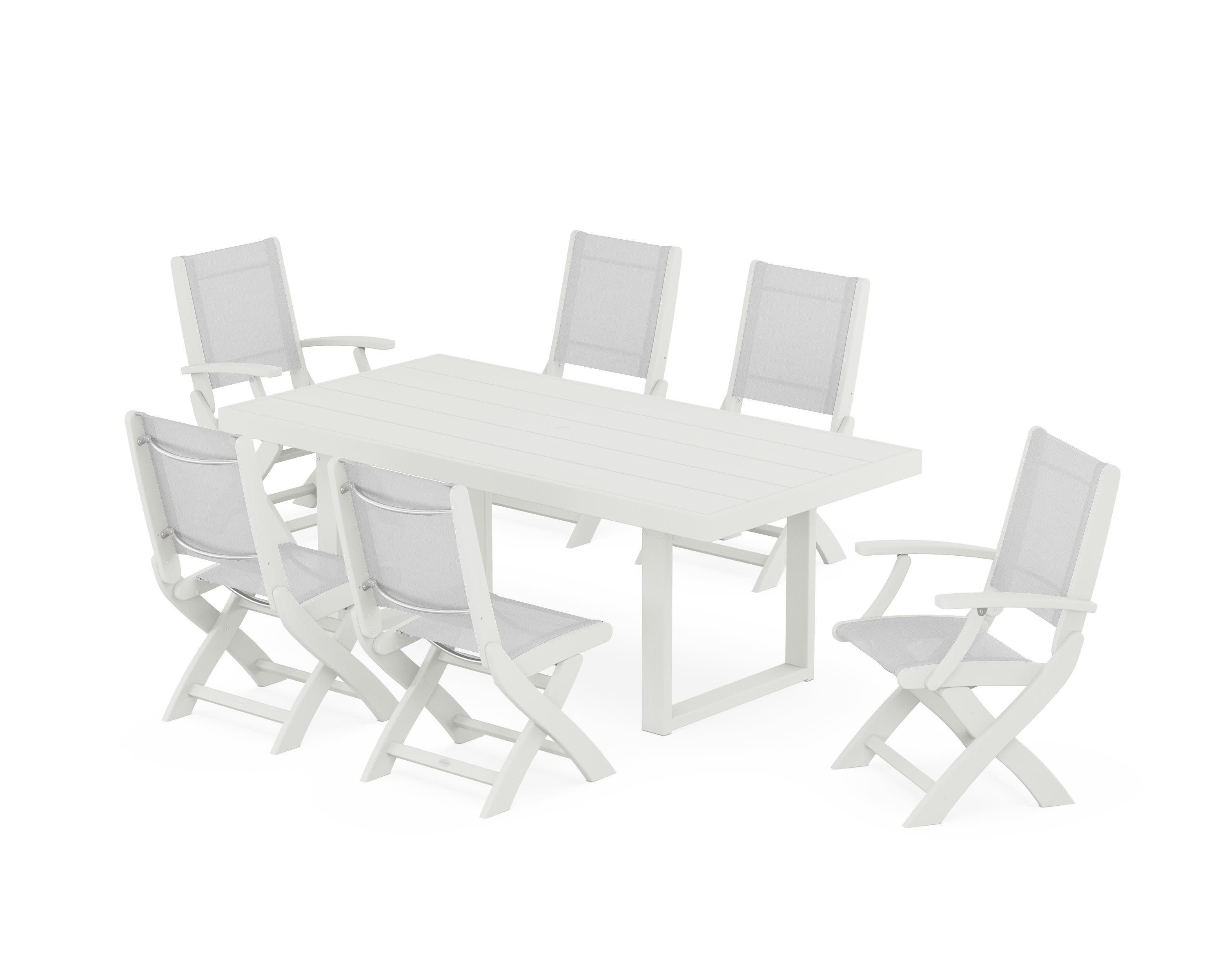 Coastal Folding Chair 7-Piece Dining Set with Trestle Legs in Vintage White / White Sling