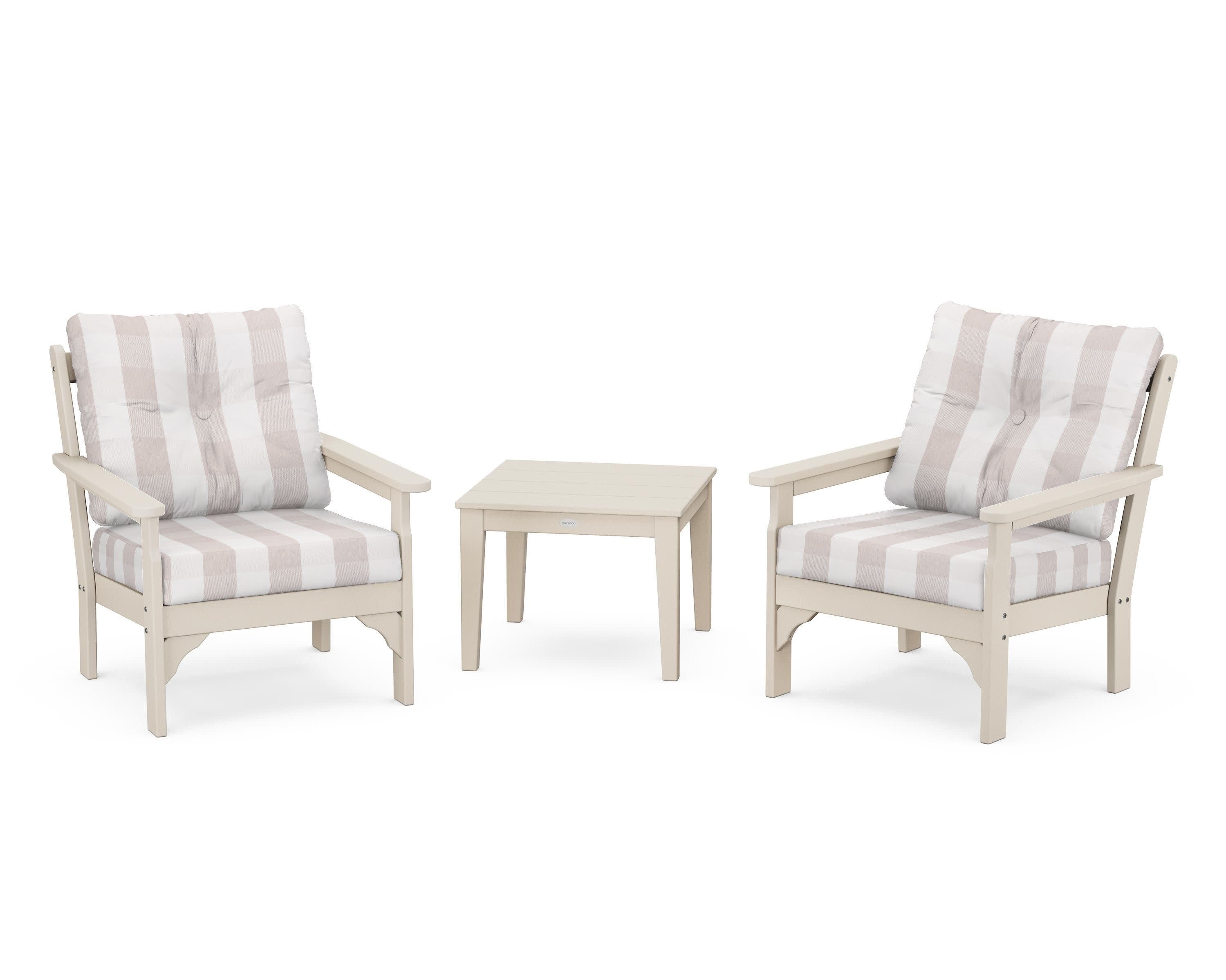 Vineyard 3-Piece Deep Seating Set in Sand / Buffalo Plaid Dune Burlap