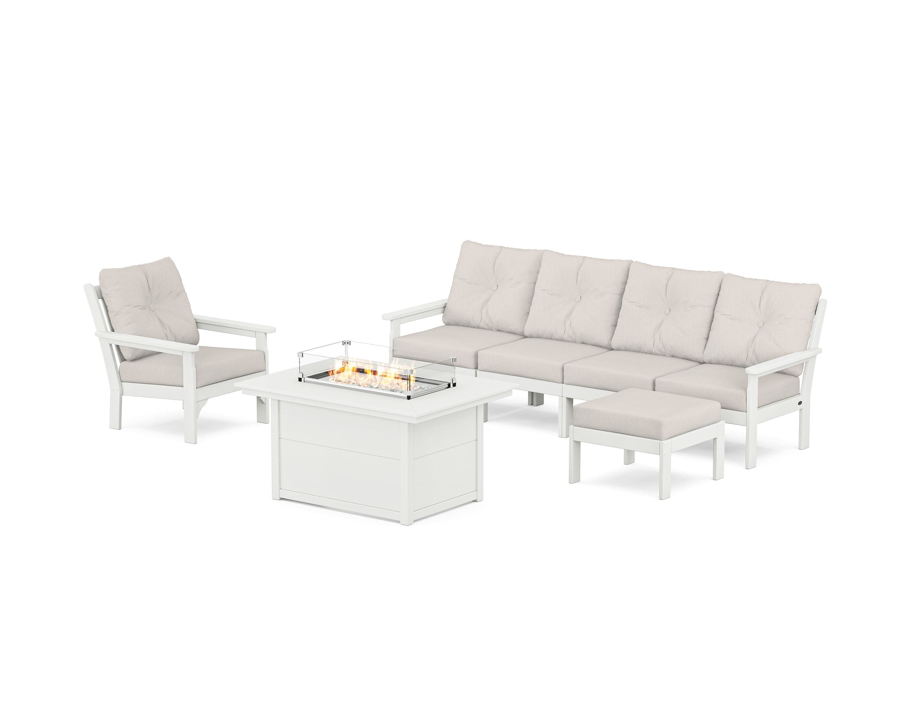 Vineyard Sectional Lounge and Fire Pit Set in Vintage White / Cast Ash
