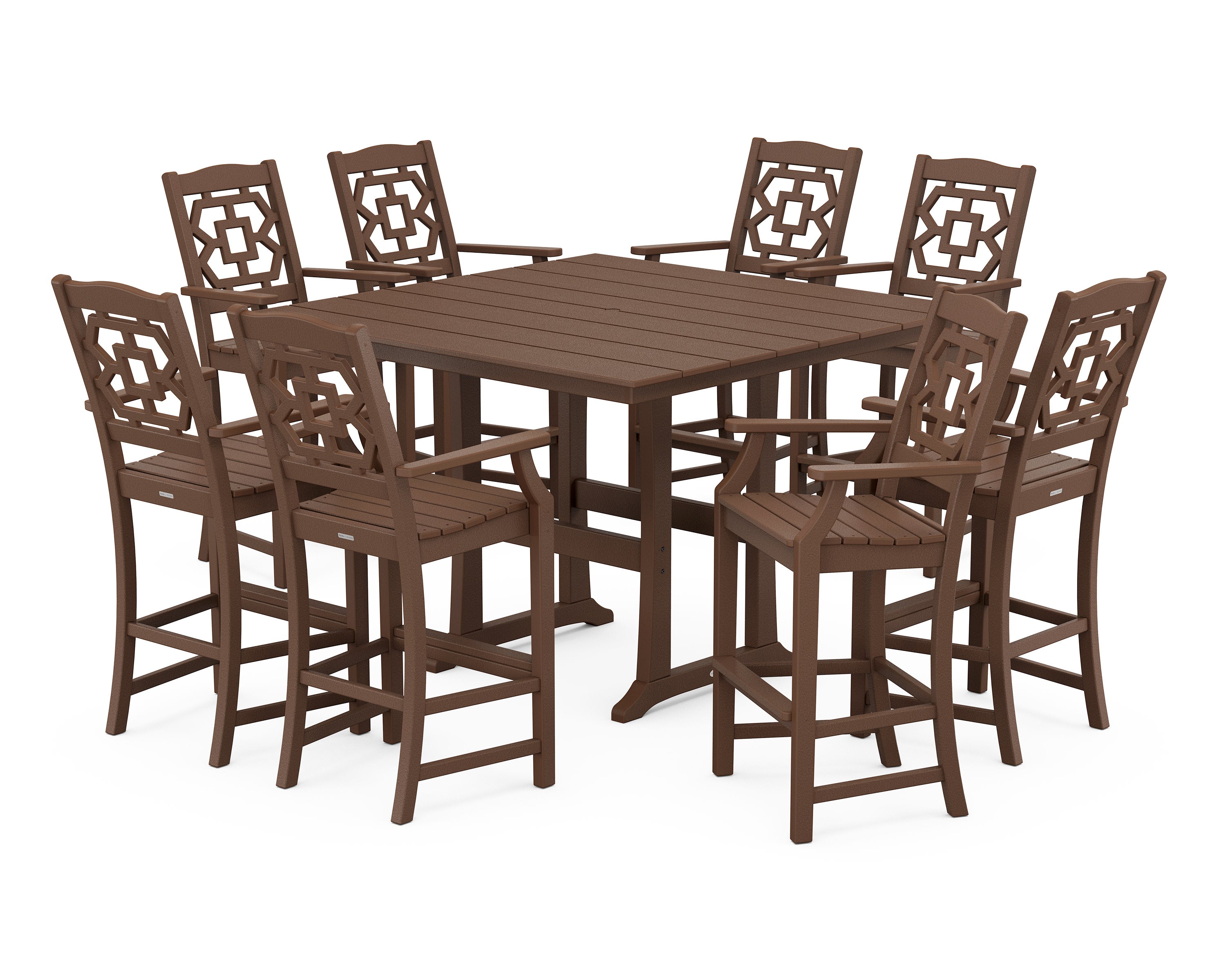 Chinoiserie 9-Piece Square Farmhouse Bar Set with Trestle Legs in Mahogany