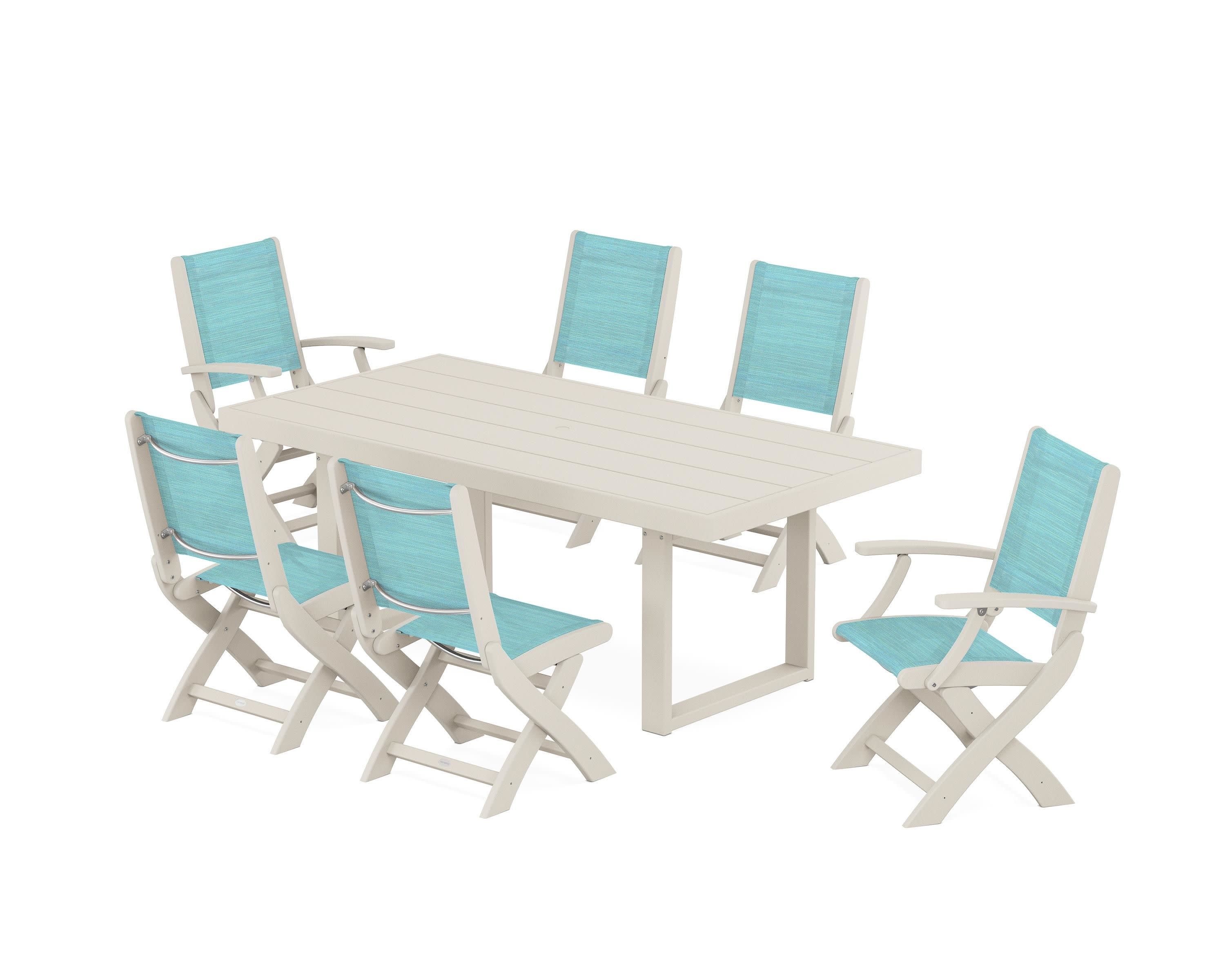 Coastal Folding Chair 7-Piece Dining Set with Trestle Legs in Sand / Dupioni Aquamarine Sling