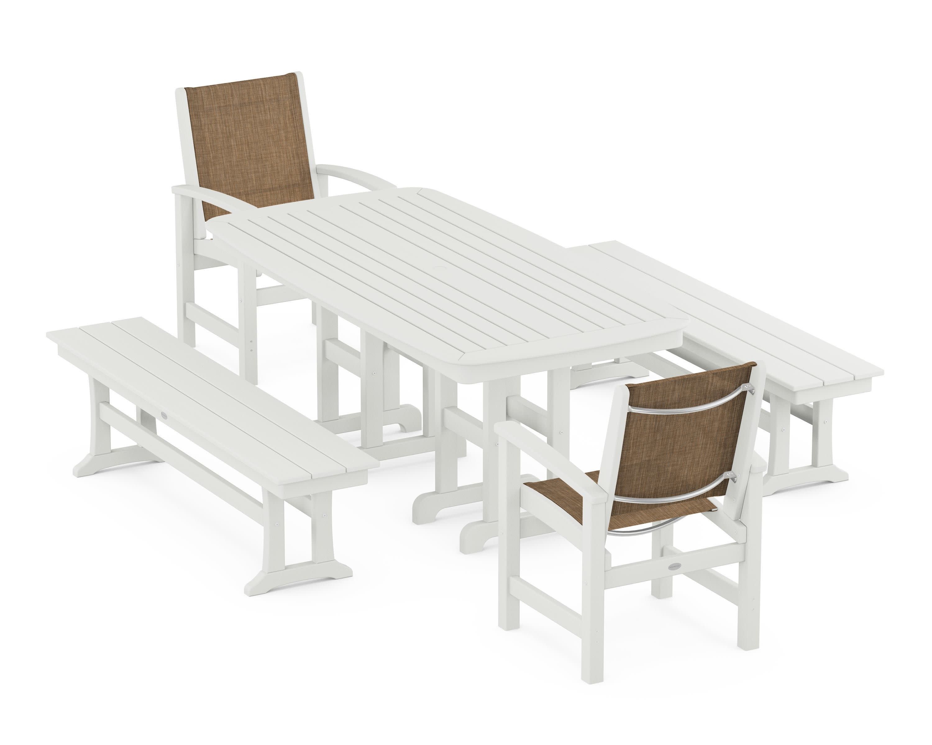 Coastal 5-Piece Dining Set in Vintage White / Burlap Sling