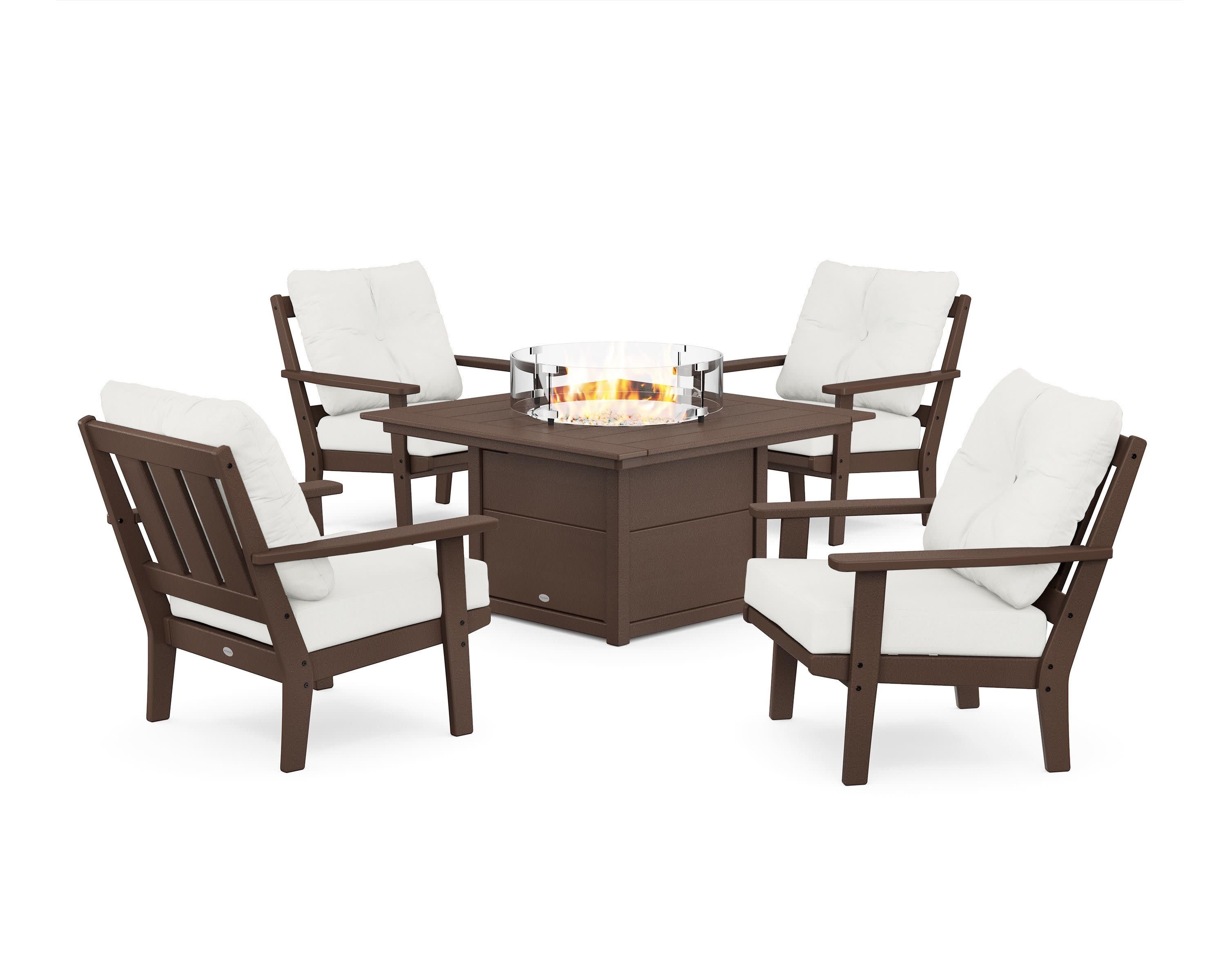 Oxford 5-Piece Deep Seating Set with Fire Pit Table in Mahogany / Natural Linen