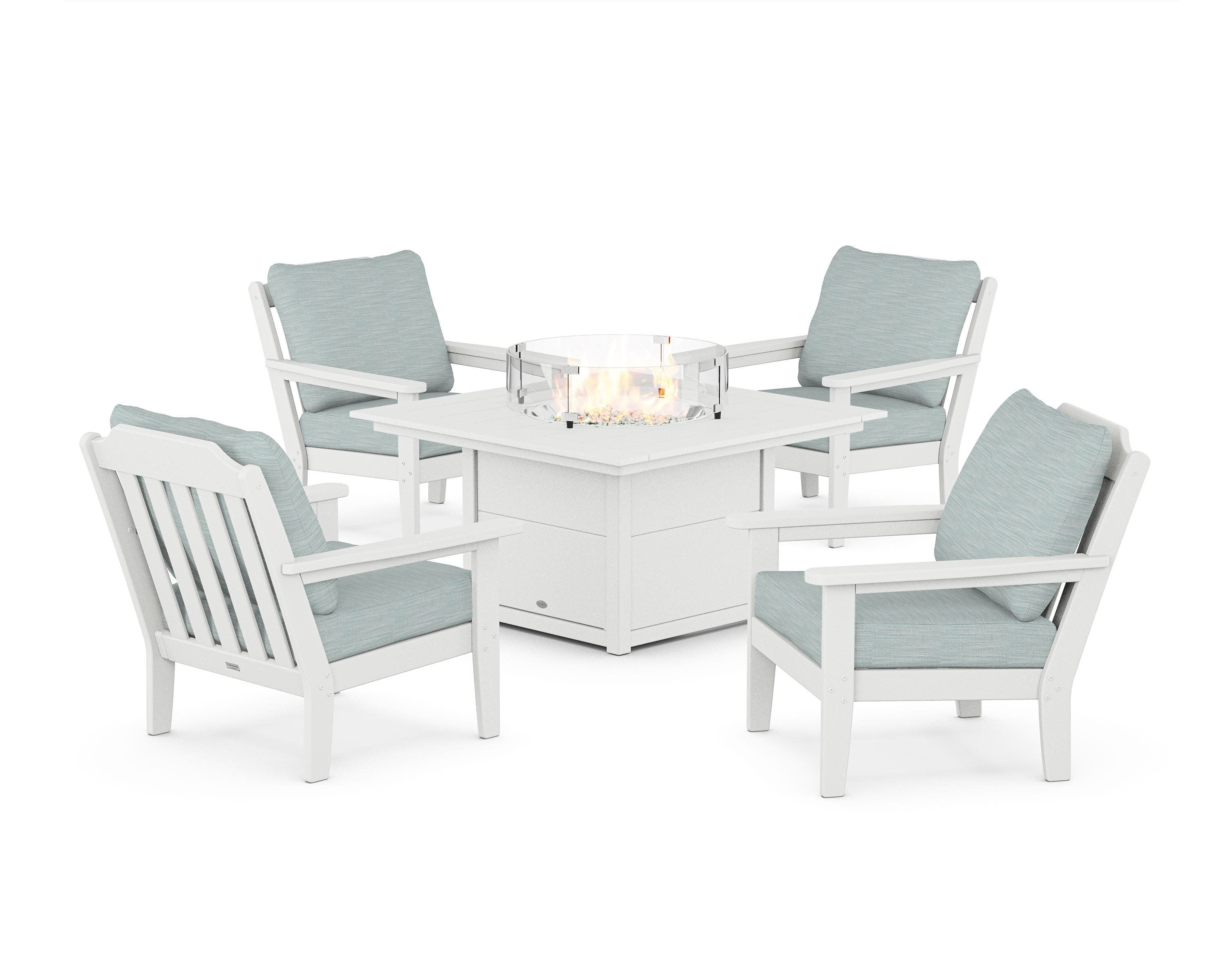 Cottage 5-Piece Deep Seating Set with Fire Pit Table in White / Soothe Mist