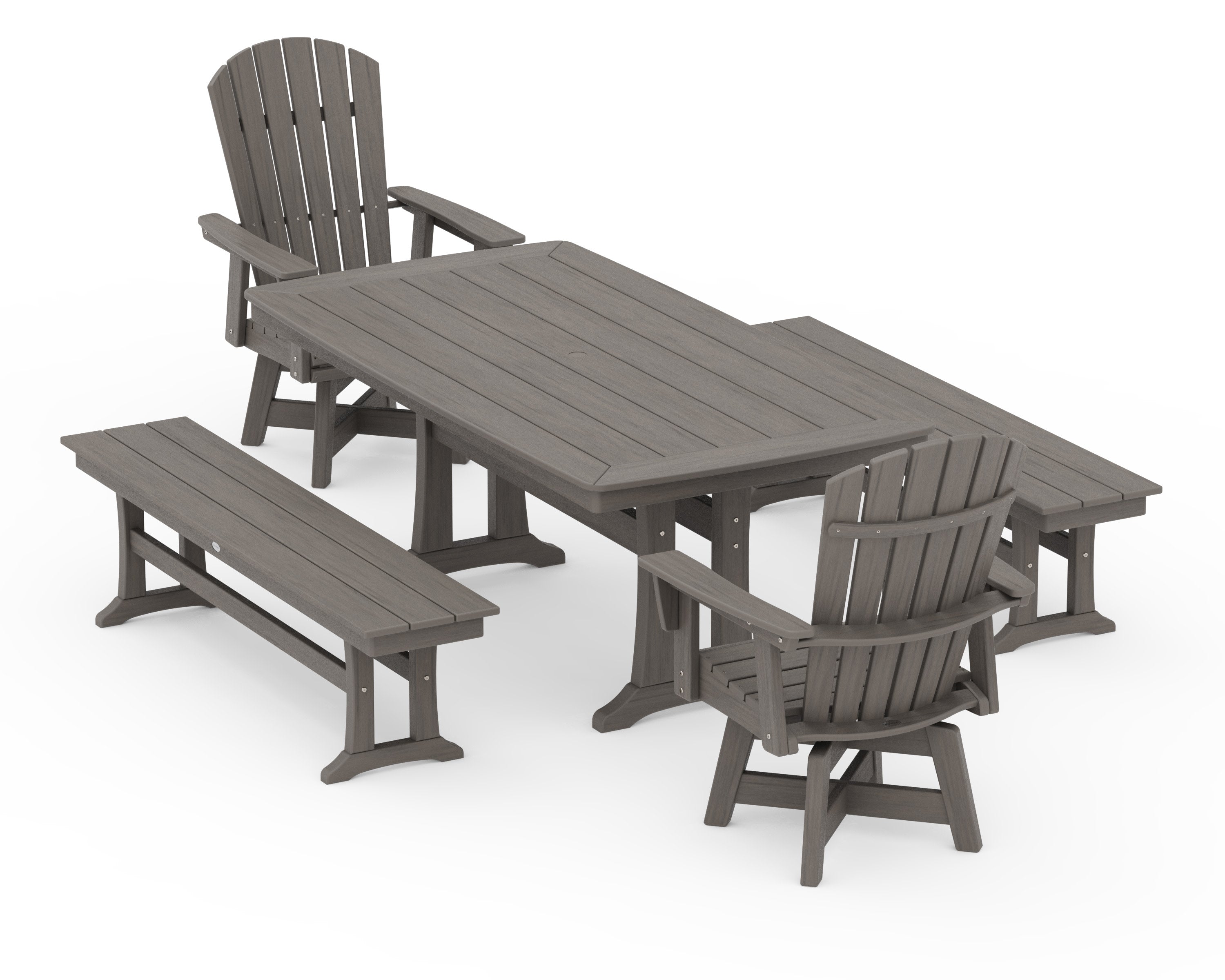 Nautical Curveback Adirondack Swivel Chair 5-Piece Dining Set with Trestle Legs and Benches in Driftwood