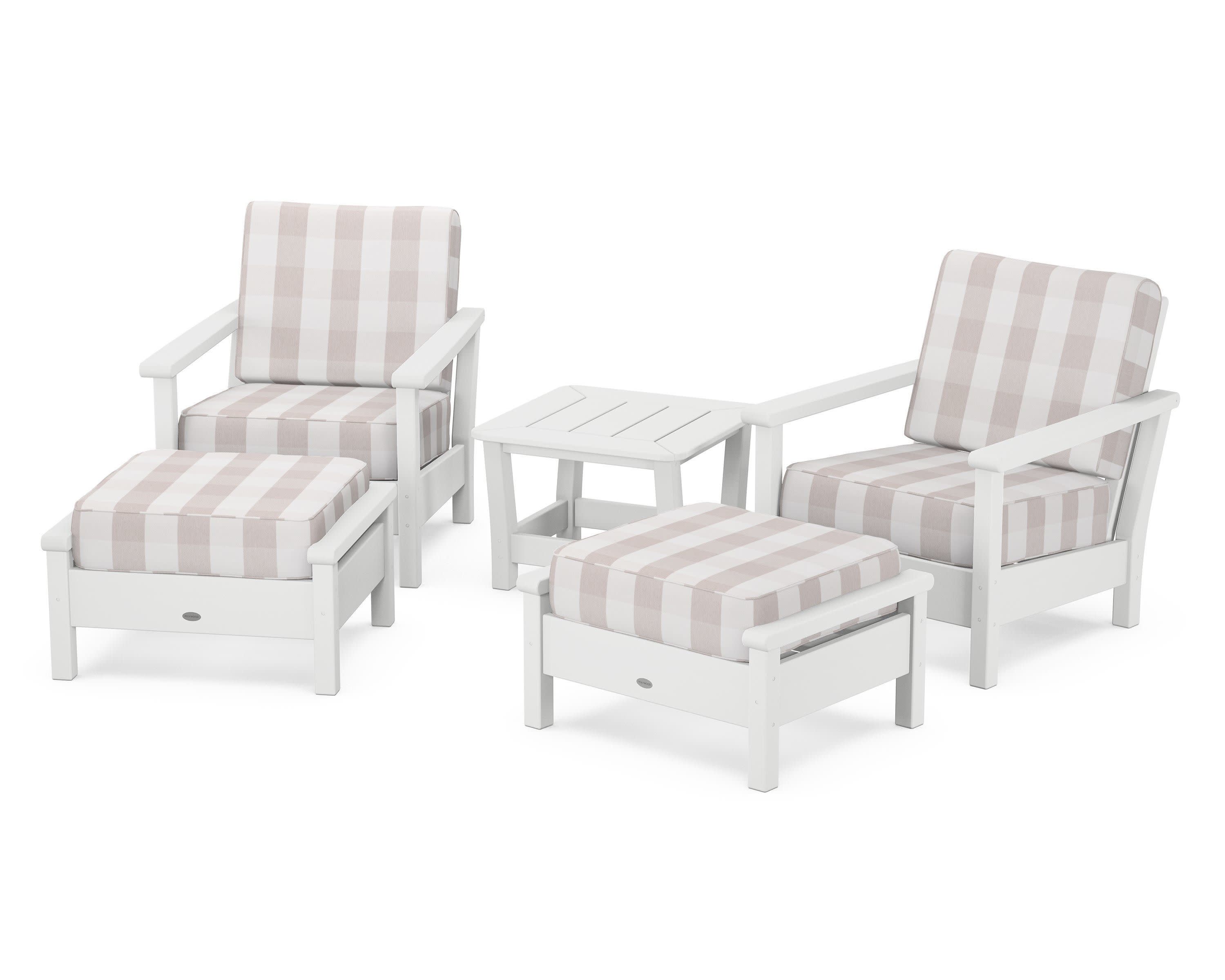 Harbour 5-Piece Deep Seating Chair Set in White / Buffalo Plaid Dune Burlap