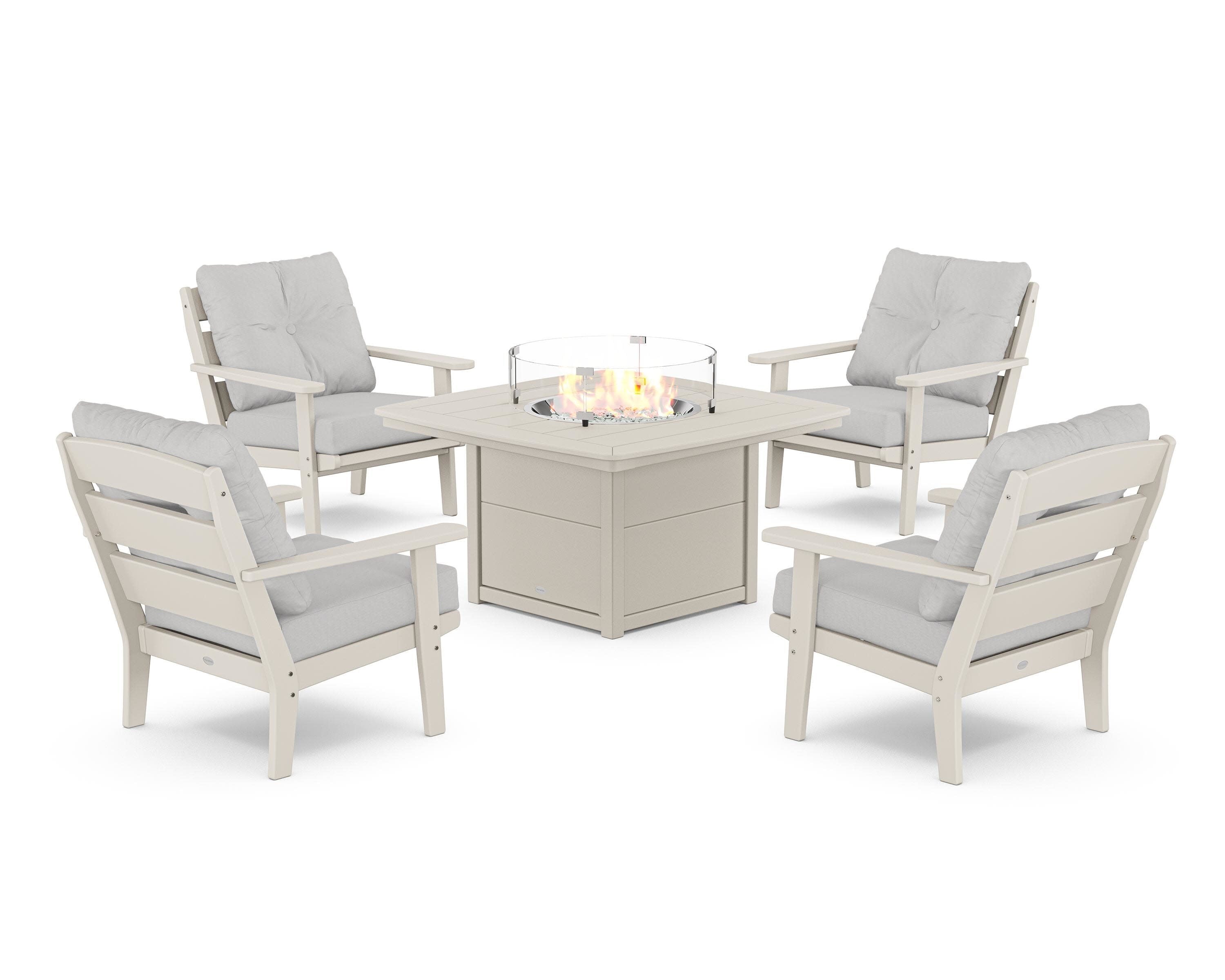 Lakeside 5-Piece Deep Seating Set with Nautical Fire Pit Table in Sand / Diamond in the Rough