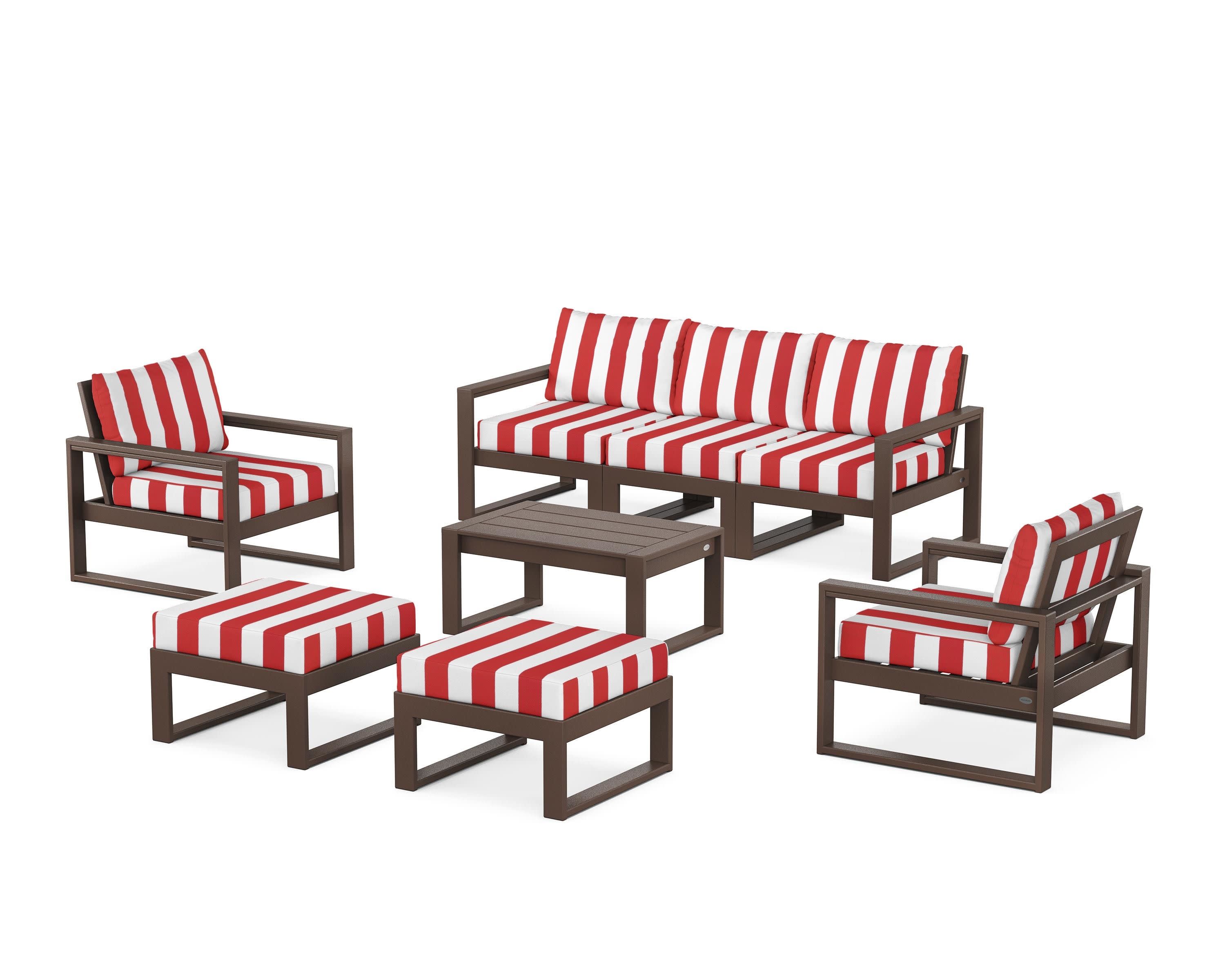 EDGE Sectional 8-Piece Lounge Sofa Set in Mahogany / Cabana Stripe Crimson