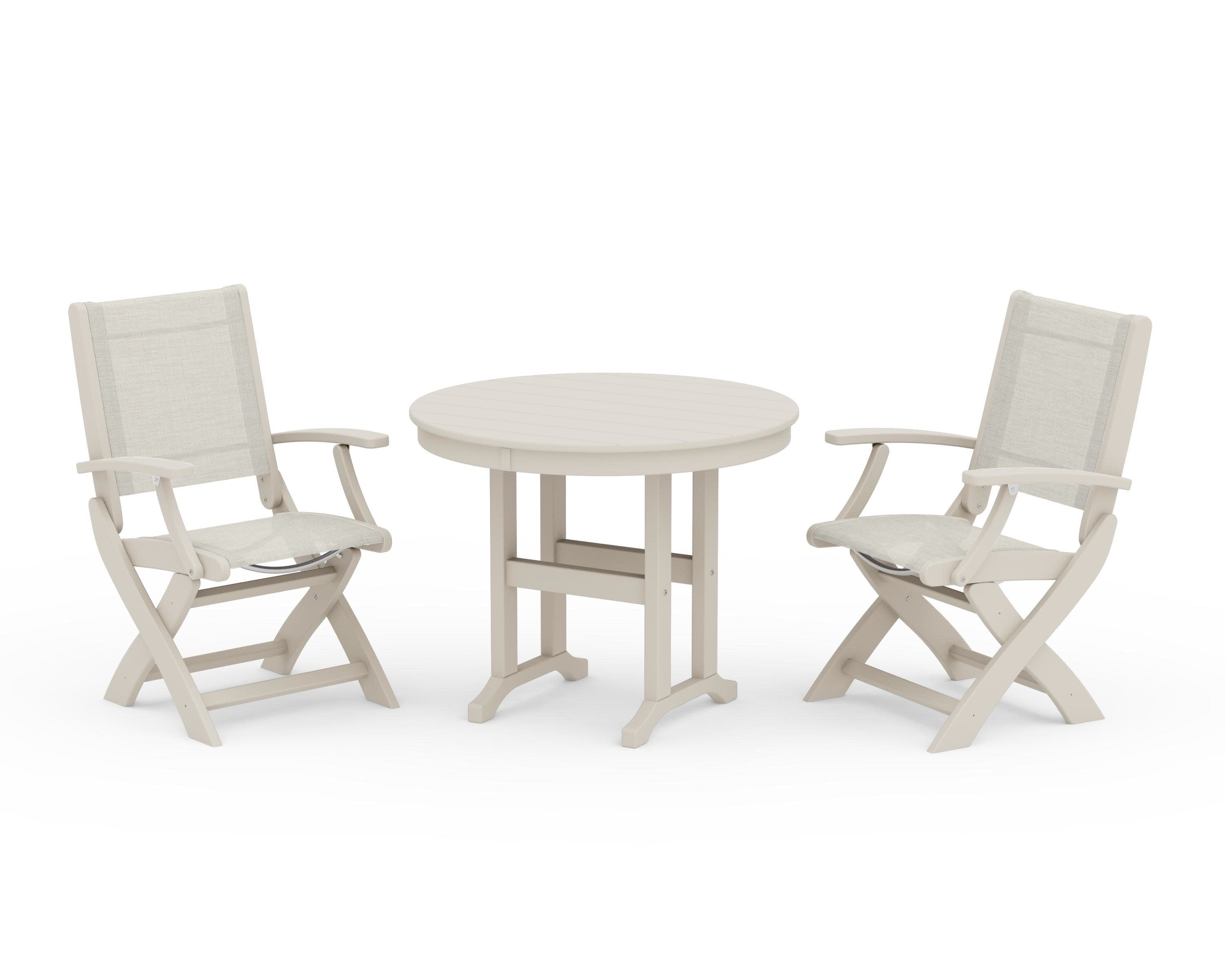 Coastal Folding Chair 3-Piece Round Dining Set in Sand / Parchment Sling