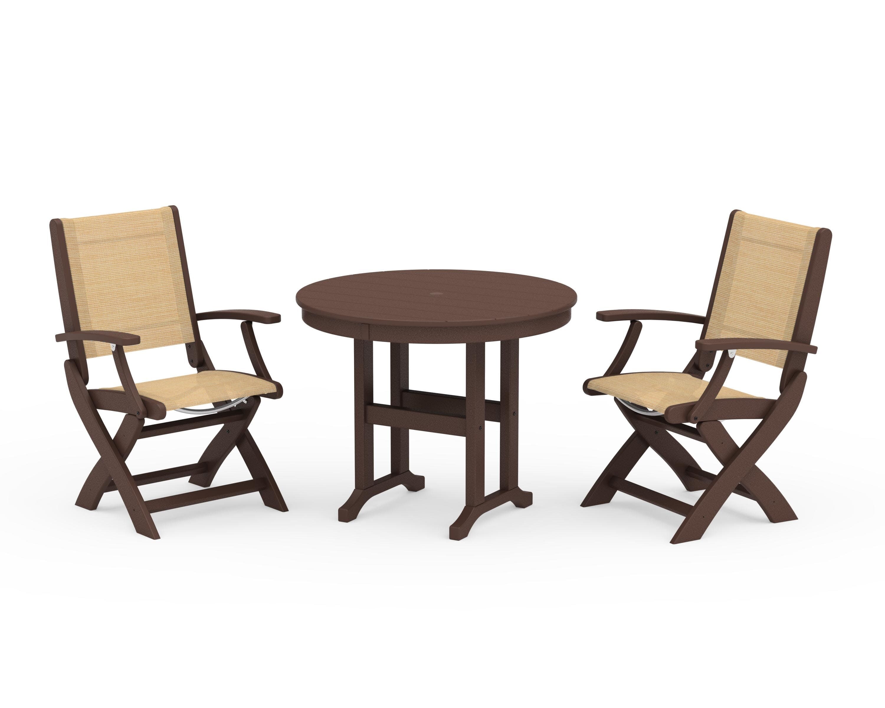 Coastal Folding Chair 3-Piece Round Dining Set in Mahogany / Dupioni Apricot Sling