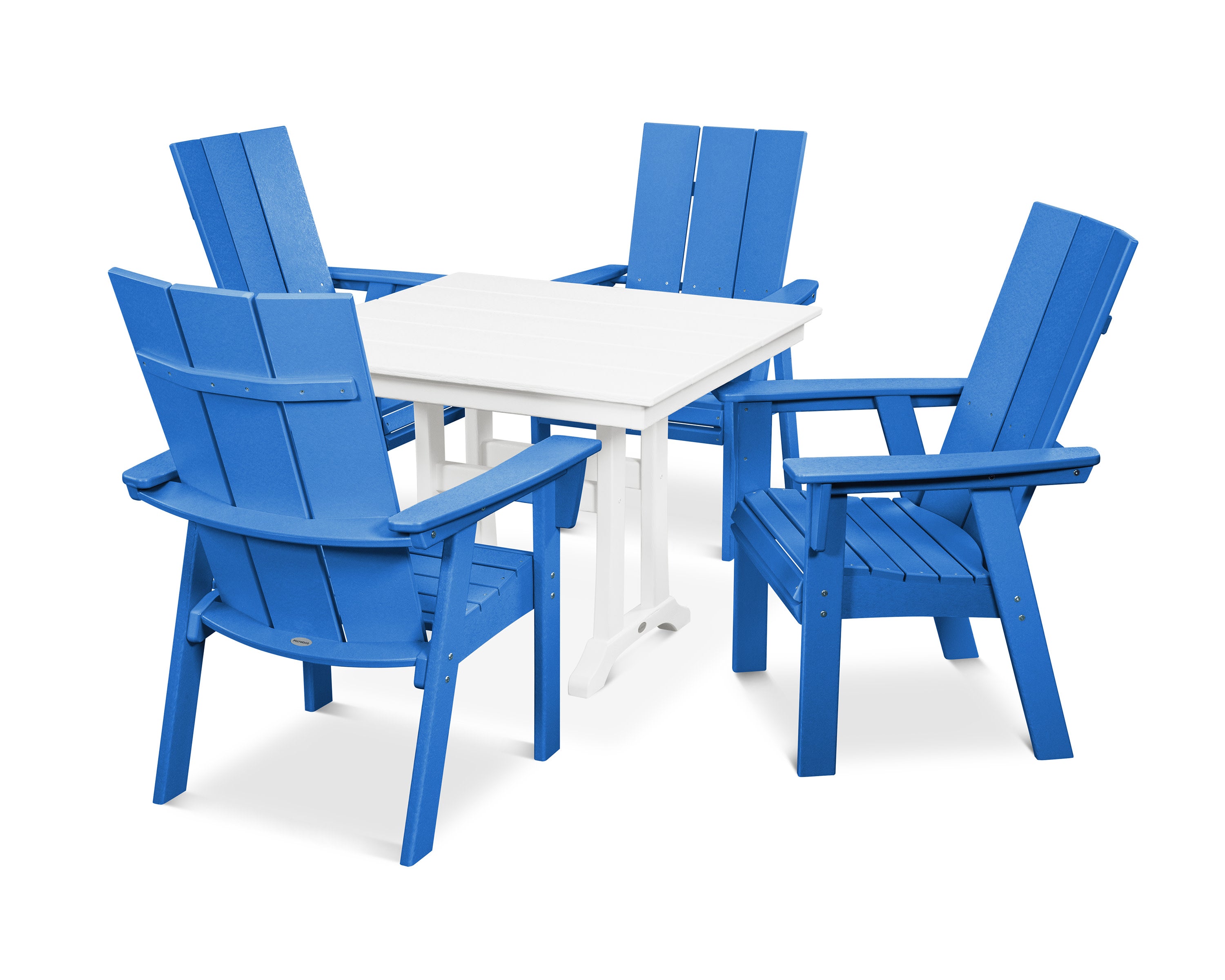 Modern Curveback Adirondack 5-Piece Farmhouse Trestle Dining Set in Pacific Blue / White