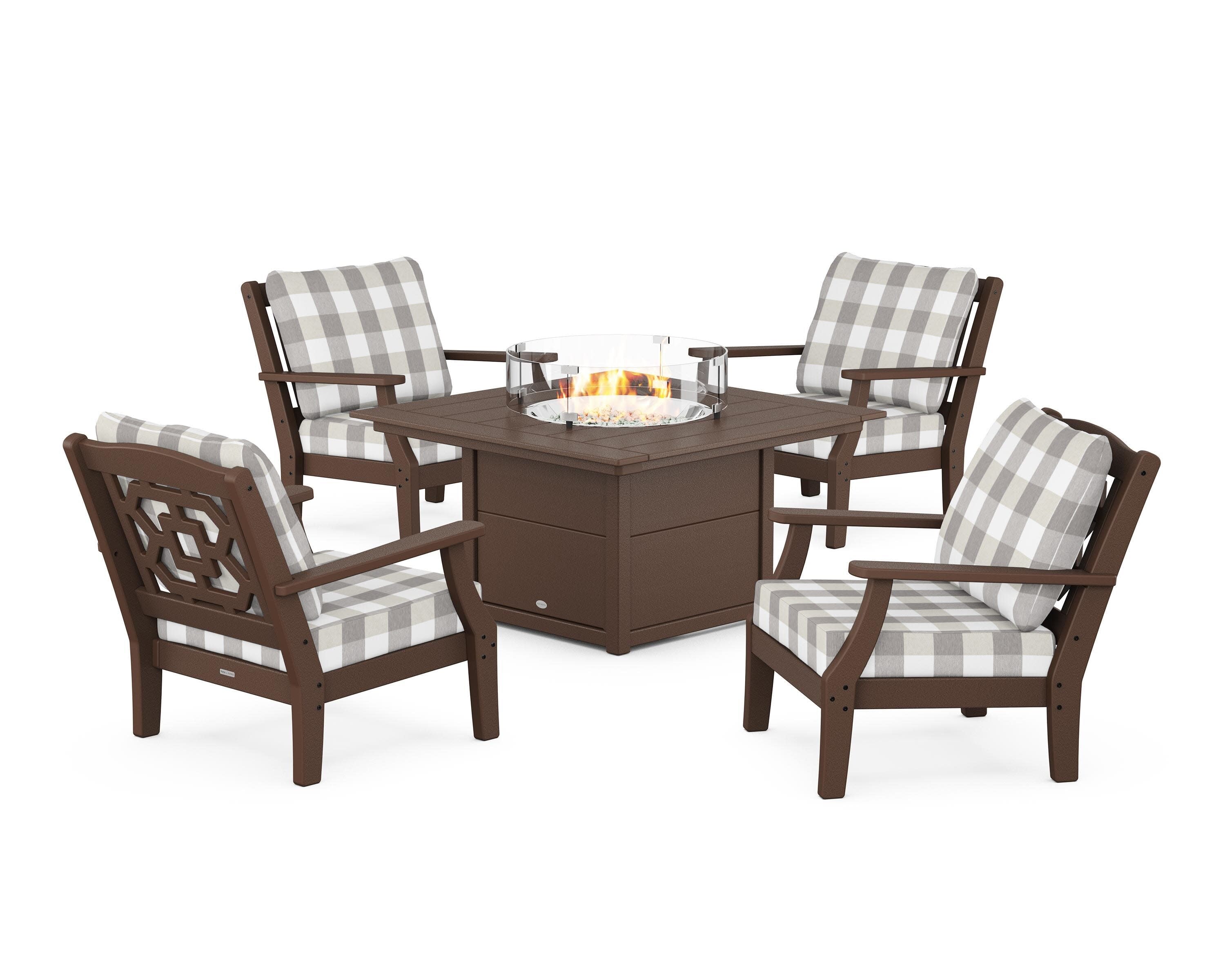 Chinoiserie 5-Piece Deep Seating Set with Fire Pit Table in Mahogany / Buffalo Plaid Grey Mist