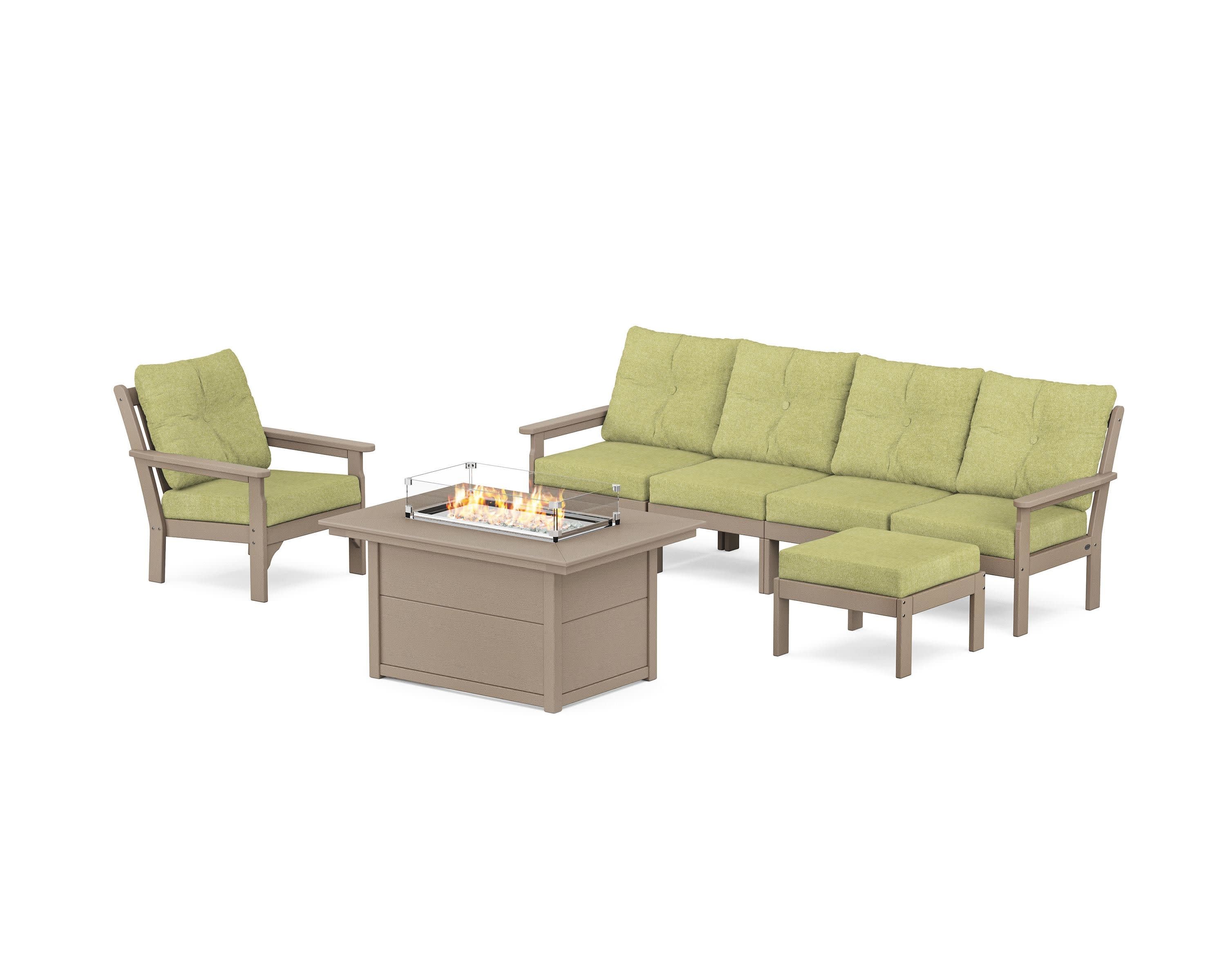 Vineyard Sectional Lounge and Fire Pit Set in Vintage Sahara / Chartreuse Boucle