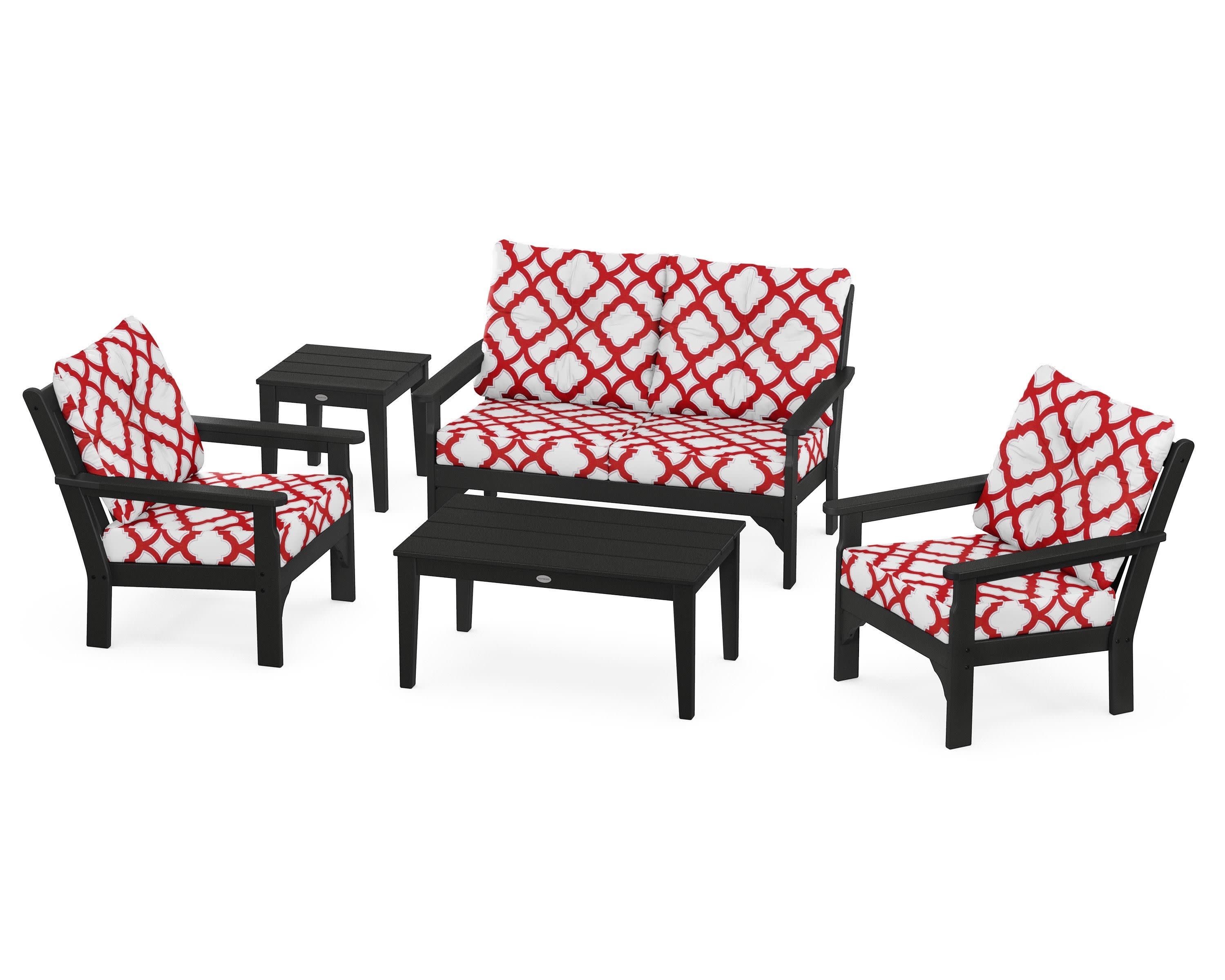 Vineyard 5-Piece Deep Seating Set in Black / Trellis Crimson