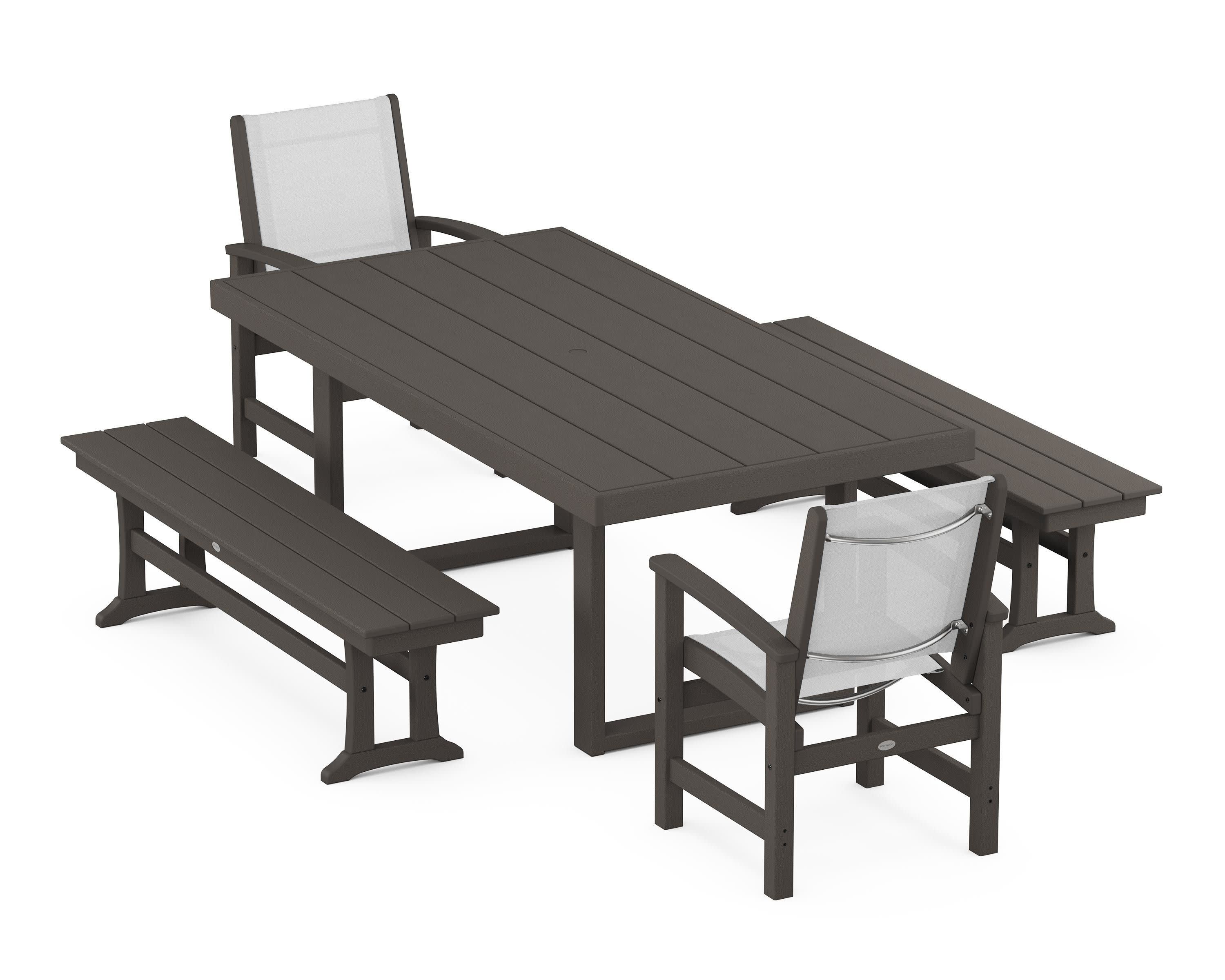 Coastal 5-Piece Dining Set with Trestle Legs in Vintage Coffee / White Sling