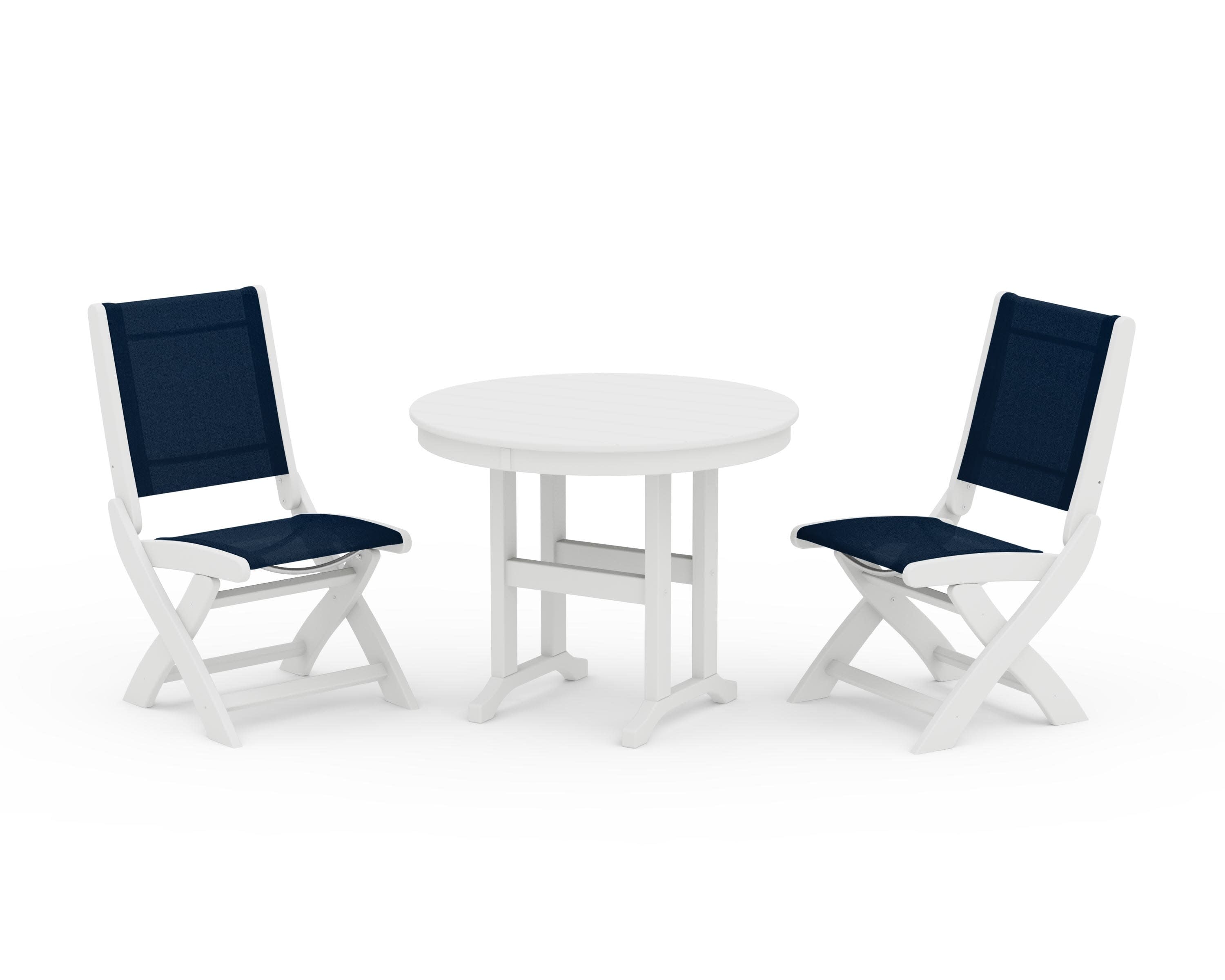 Coastal Folding Side Chair 3-Piece Round Dining Set in White / Navy Blue Sling