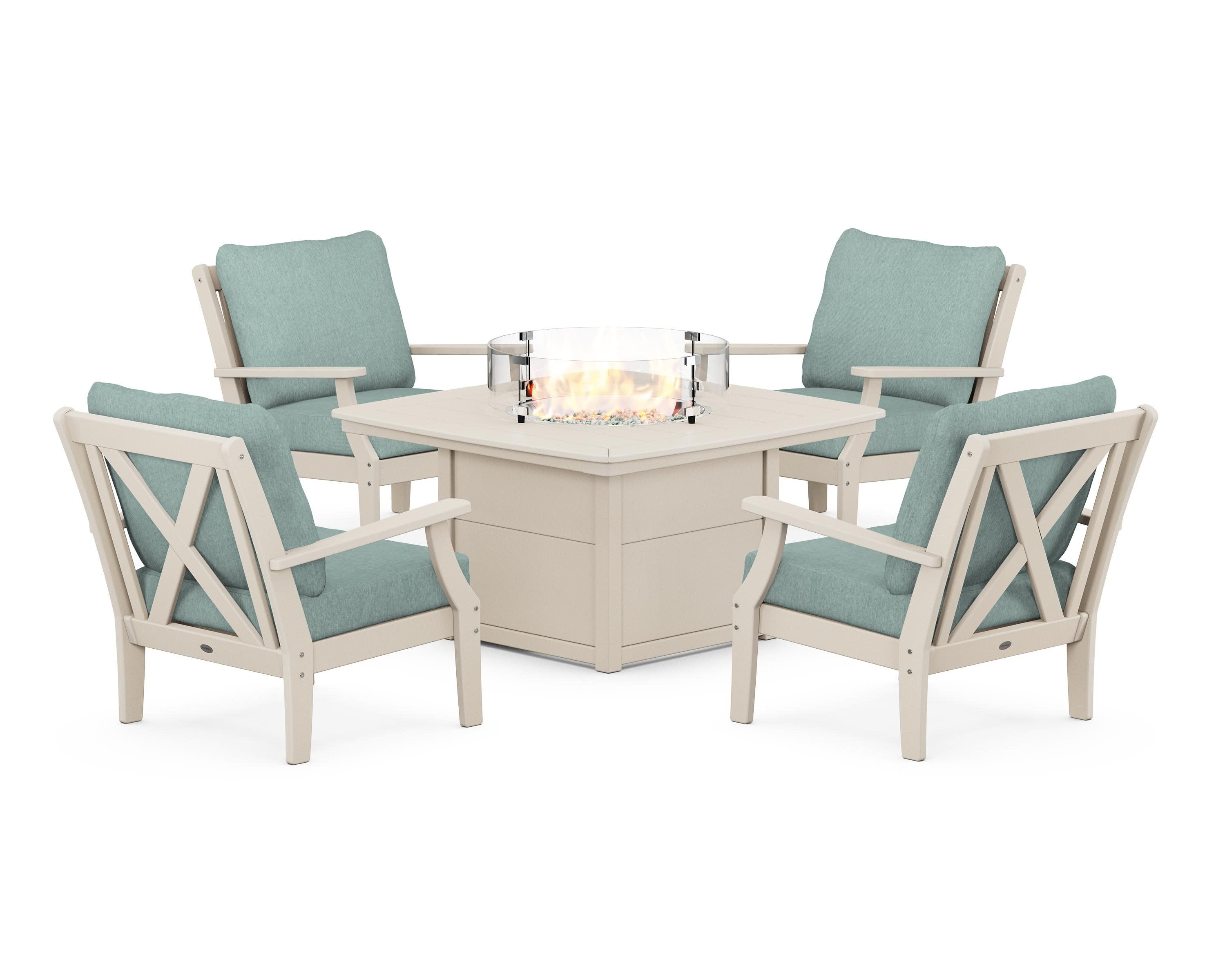 Braxton 5-Piece Deep Seating Conversation Set with Fire Pit Table in Sand / Glacier Spa