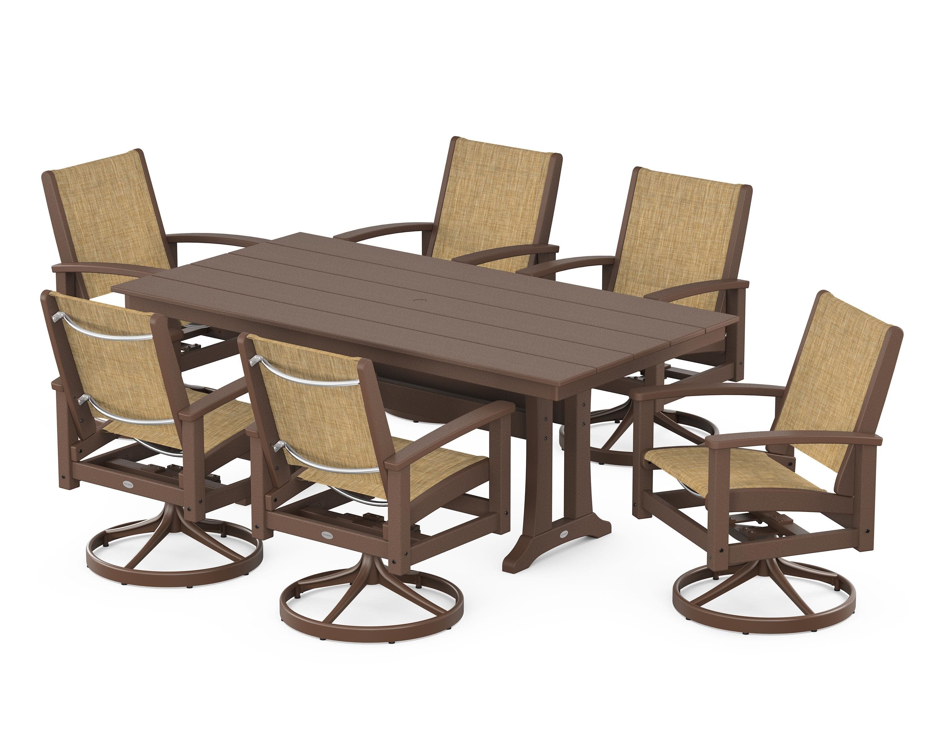 7 Piece Coastal Swivel Rocker Dining Set in Satin Mahogany / Mahogany / Burlap Sling