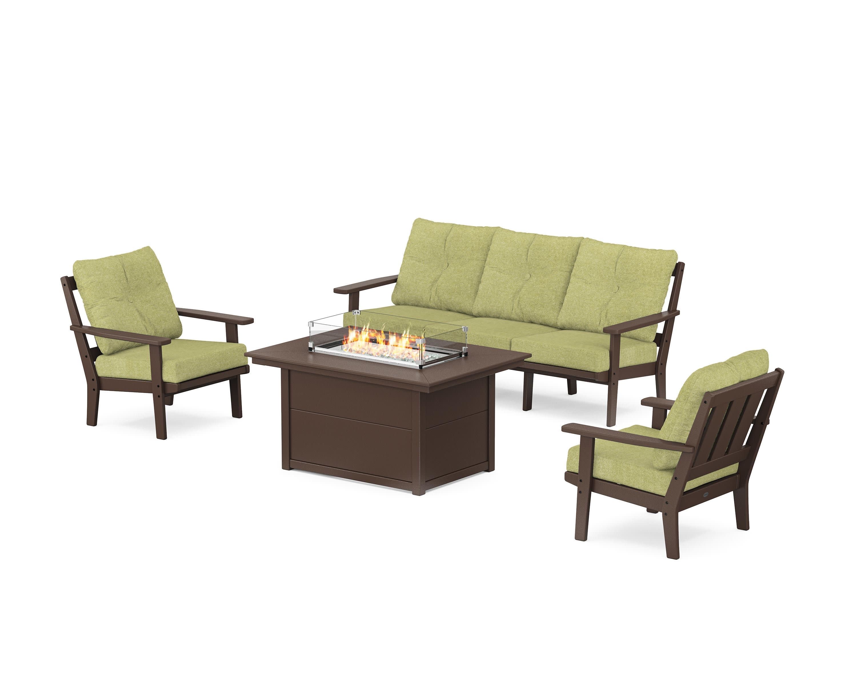Oxford Deep Seating Fire Pit Table Set in Mahogany / Chartreuse Boucle