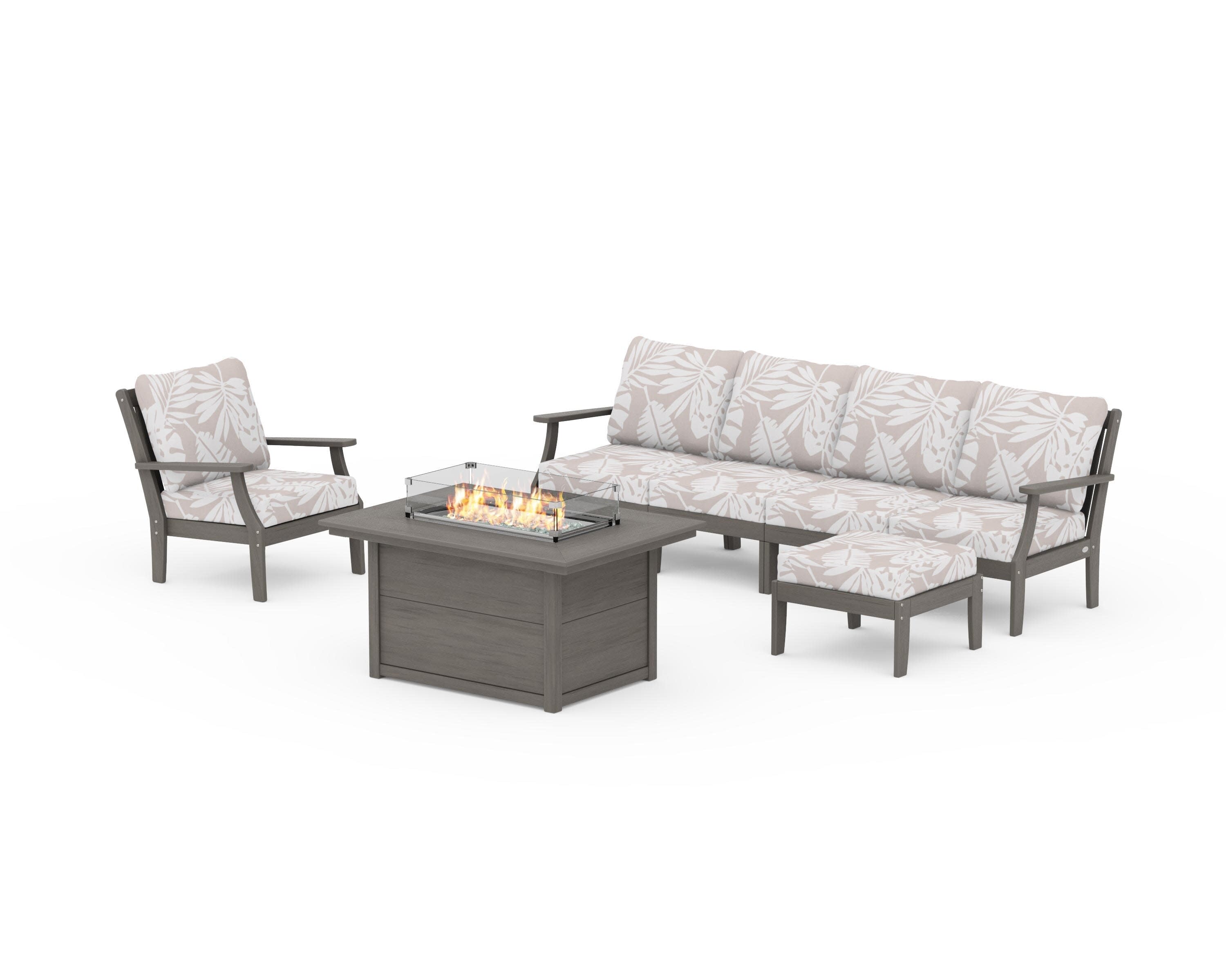 Braxton Sectional Lounge and Fire Pit Set in Driftwood / Leaf Dune Burlap
