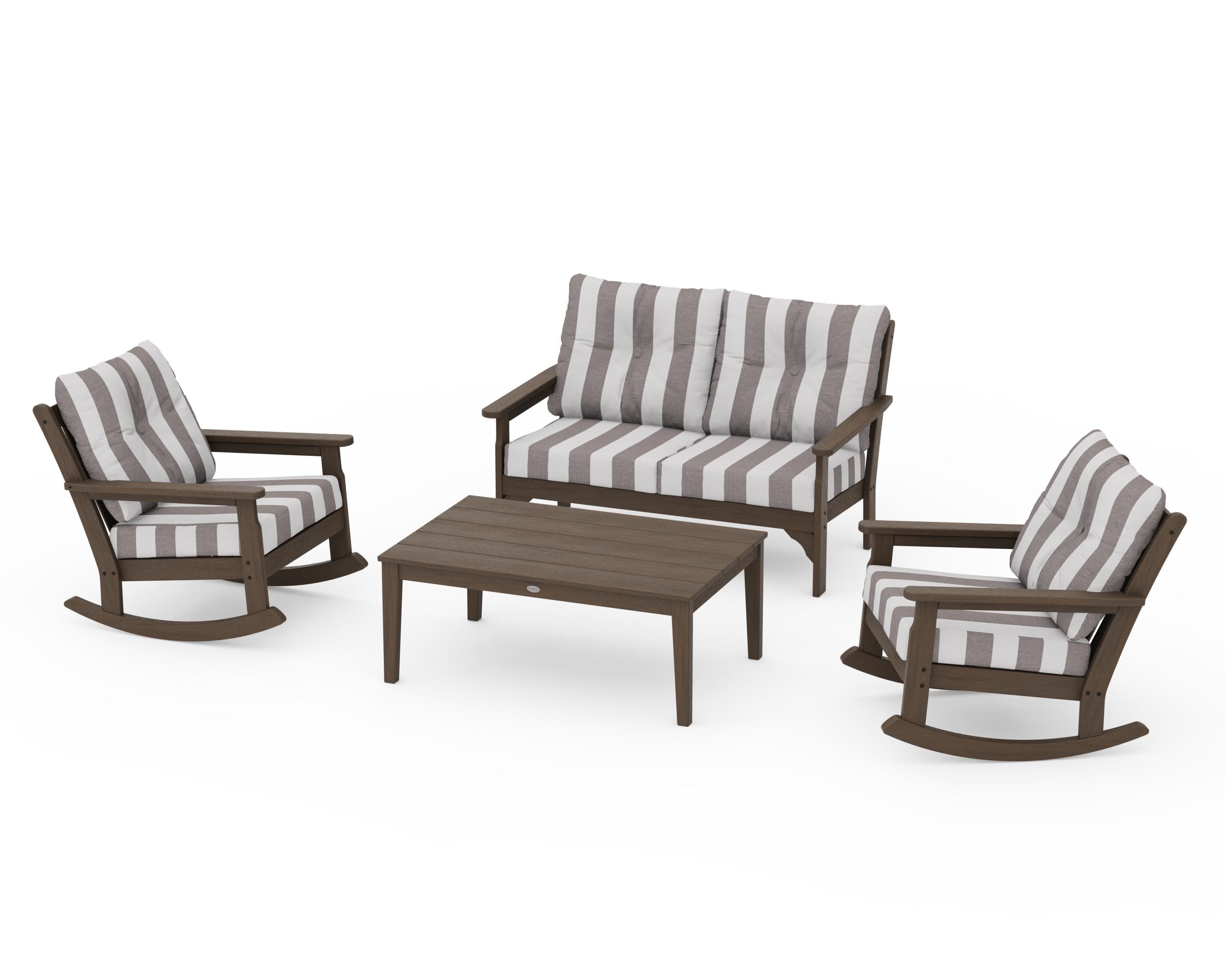 Vineyard 4-Piece Deep Seating Rocking Chair Set in Kona / Cabana Stripe Grey Mist