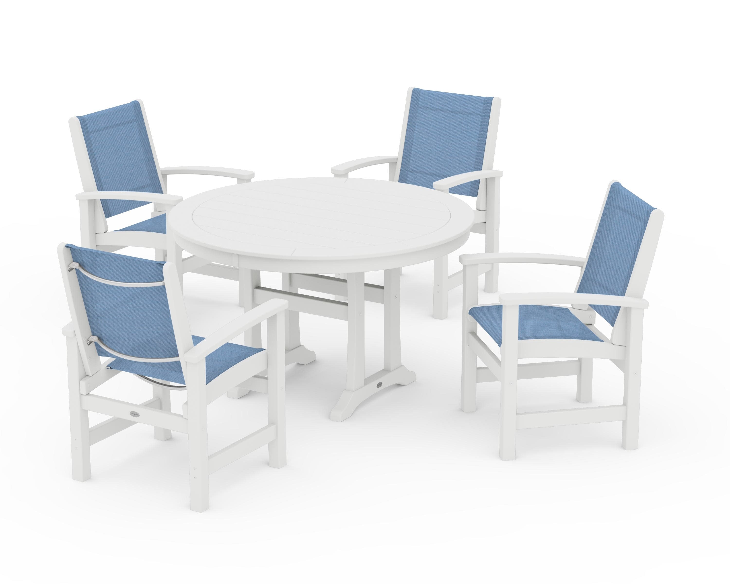Coastal 5-Piece Round Dining Set with Trestle Legs in White / Poolside Sling
