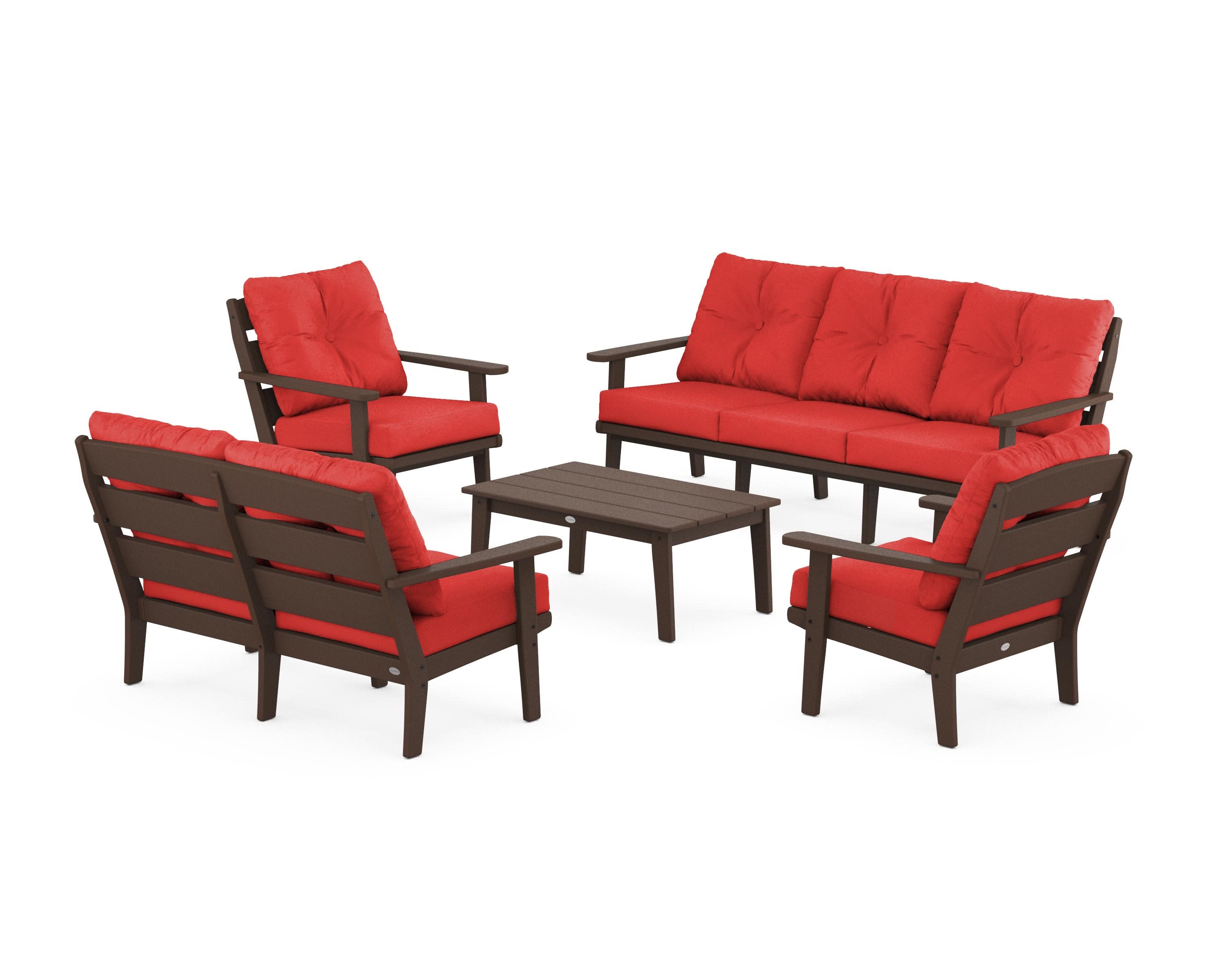 Lakeside 5-Piece Lounge Sofa Set in Mahogany / Crimson Linen