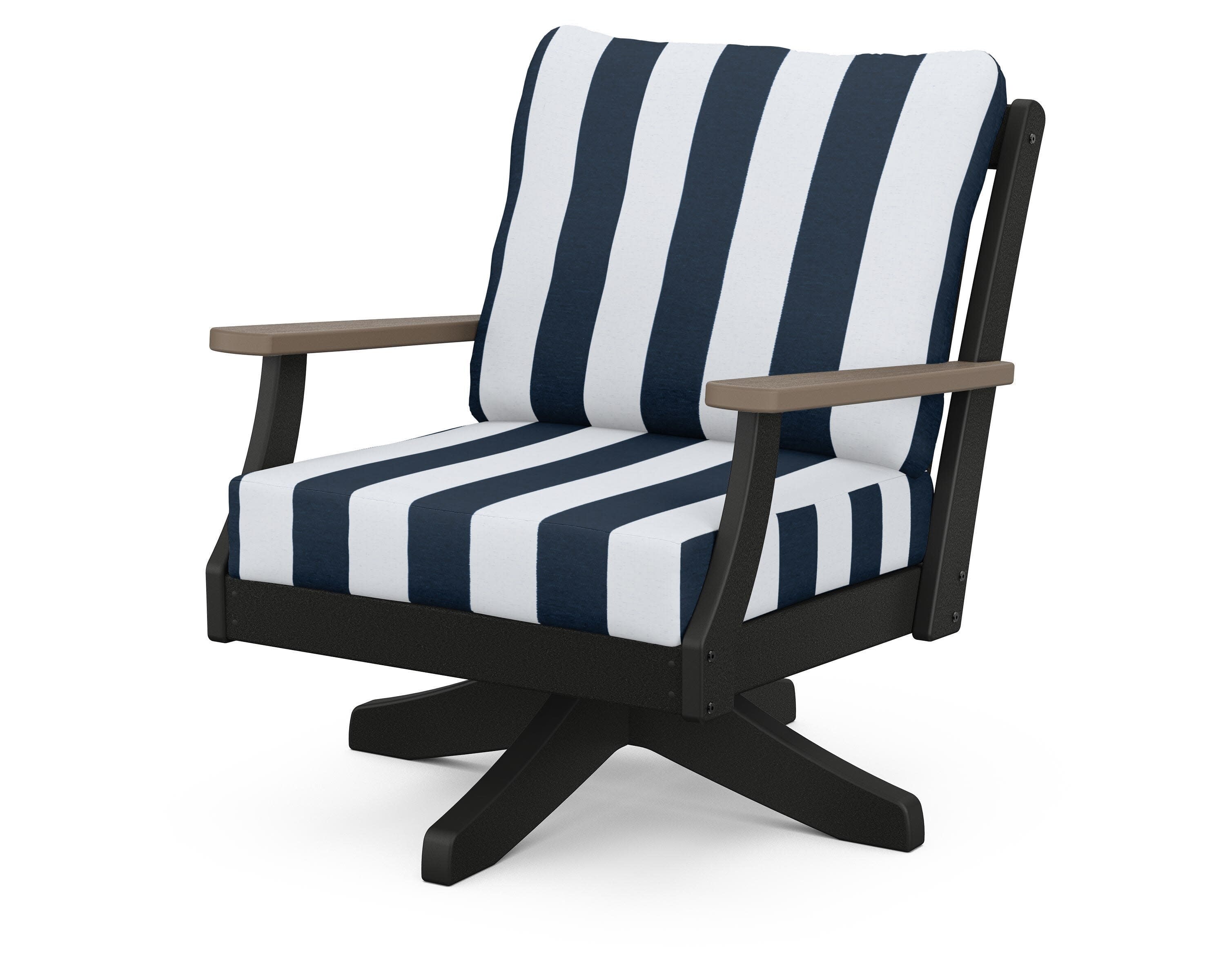 Braxton Deep Seating Swivel Chair in Black / Kona / Cabana Stripe Marine Indigo