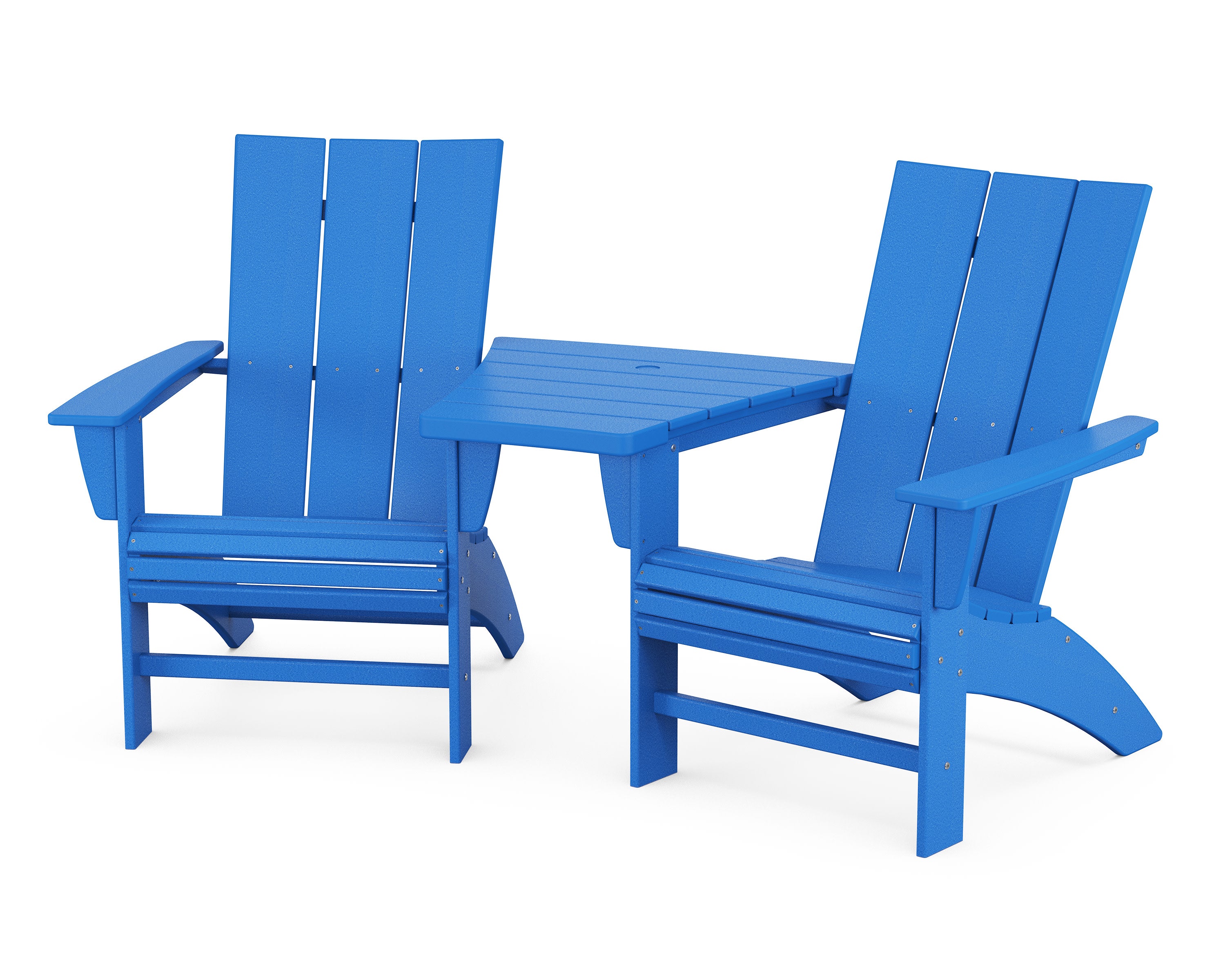 Modern 3-Piece Curveback Adirondack Set with Angled Connecting Table in Pacific Blue