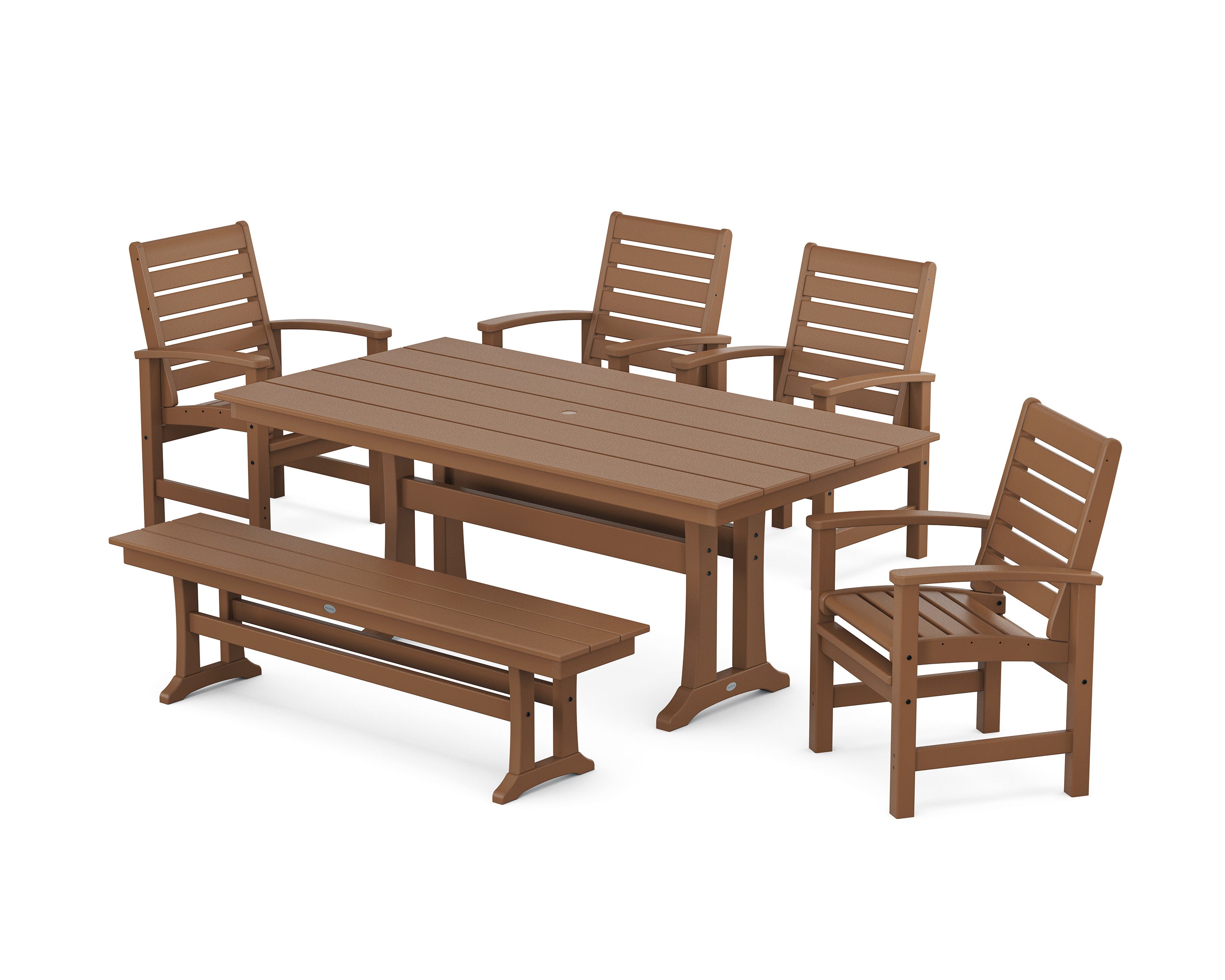 Signature 6-Piece Farmhouse Dining Set with Trestle Legs and Bench in Teak