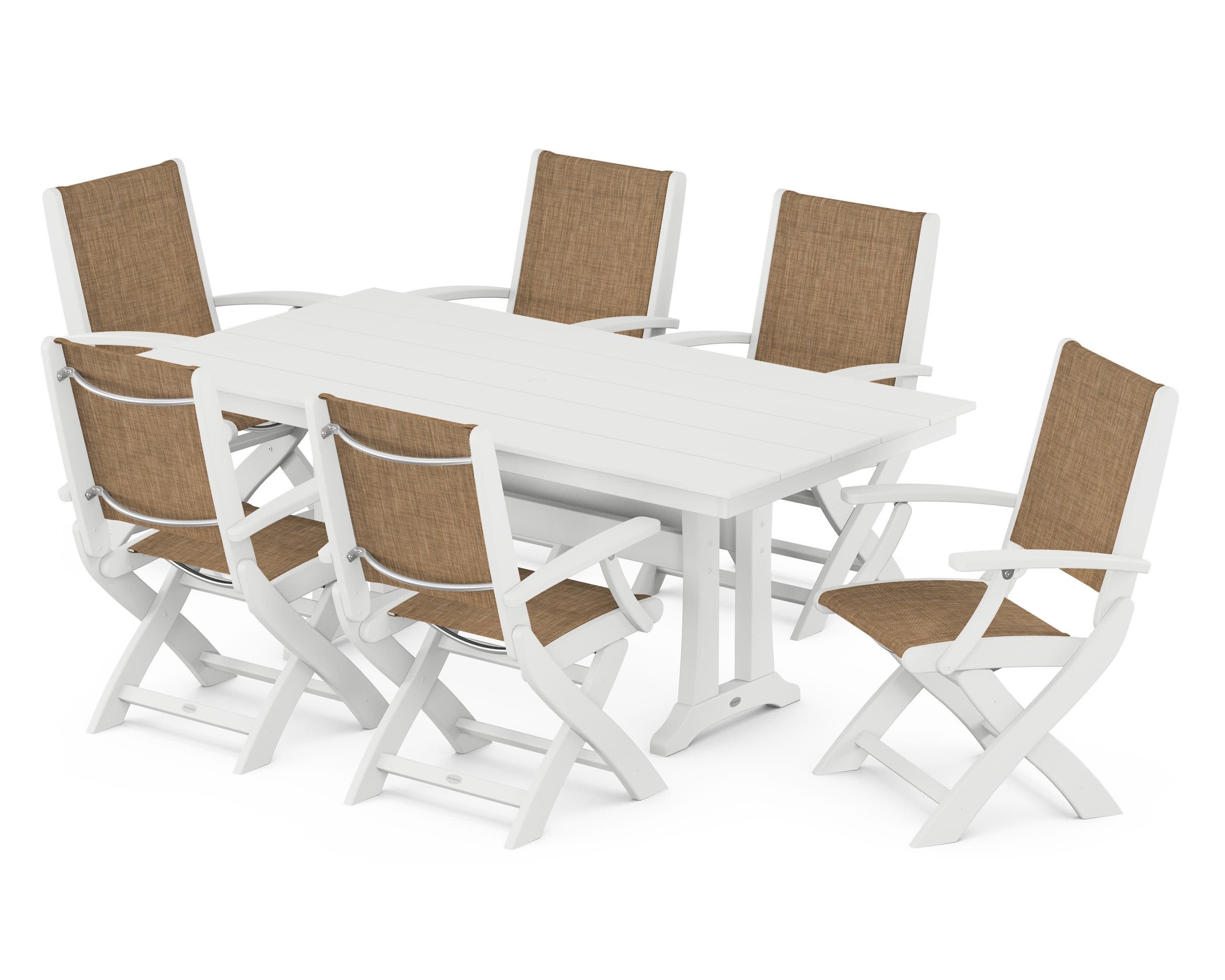 Coastal Folding Arm Chair 7-Piece Farmhouse Dining Set with Trestle Legs in White / Burlap Sling