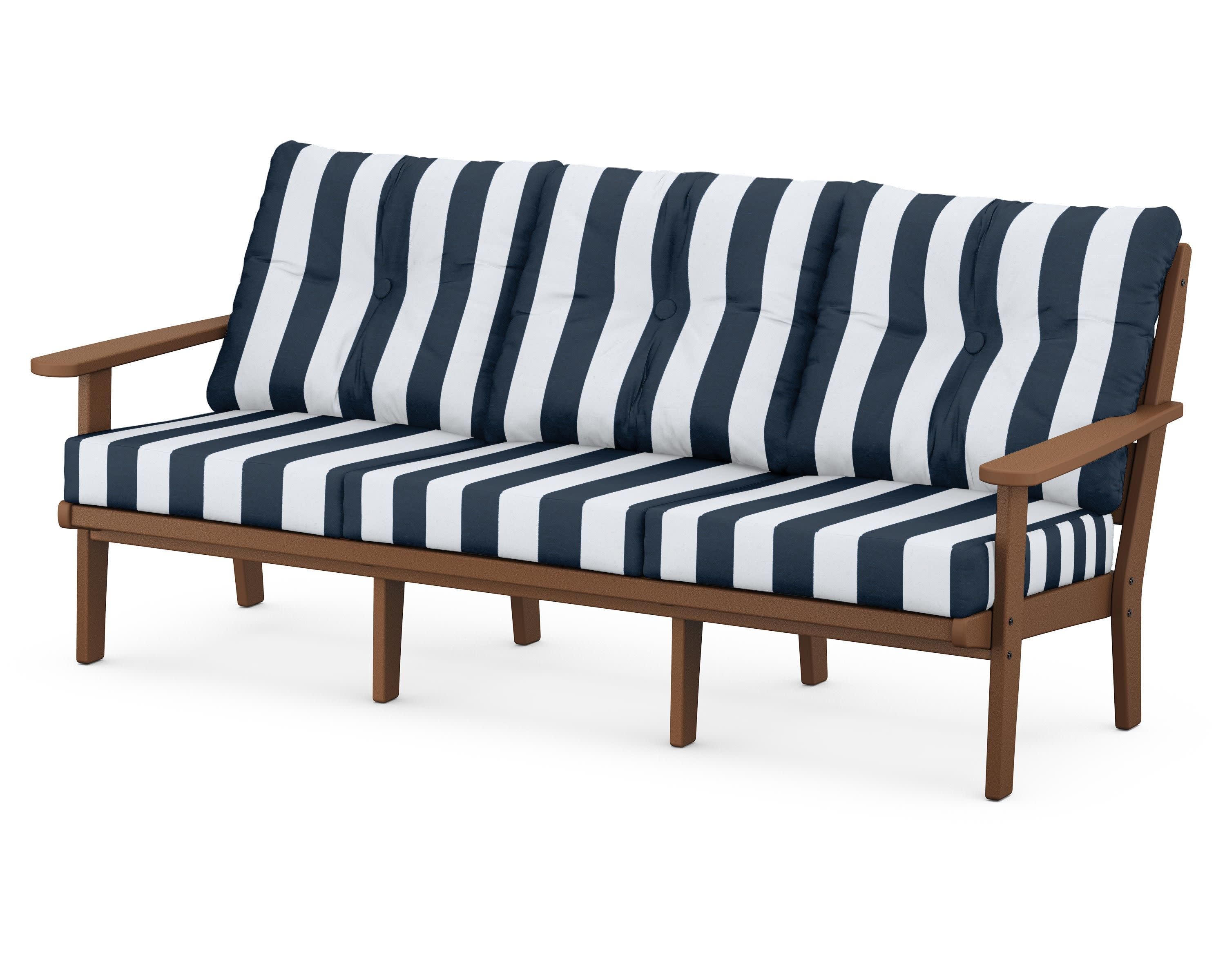 Lakeside Deep Seating Sofa in Teak / Cabana Stripe Marine Indigo