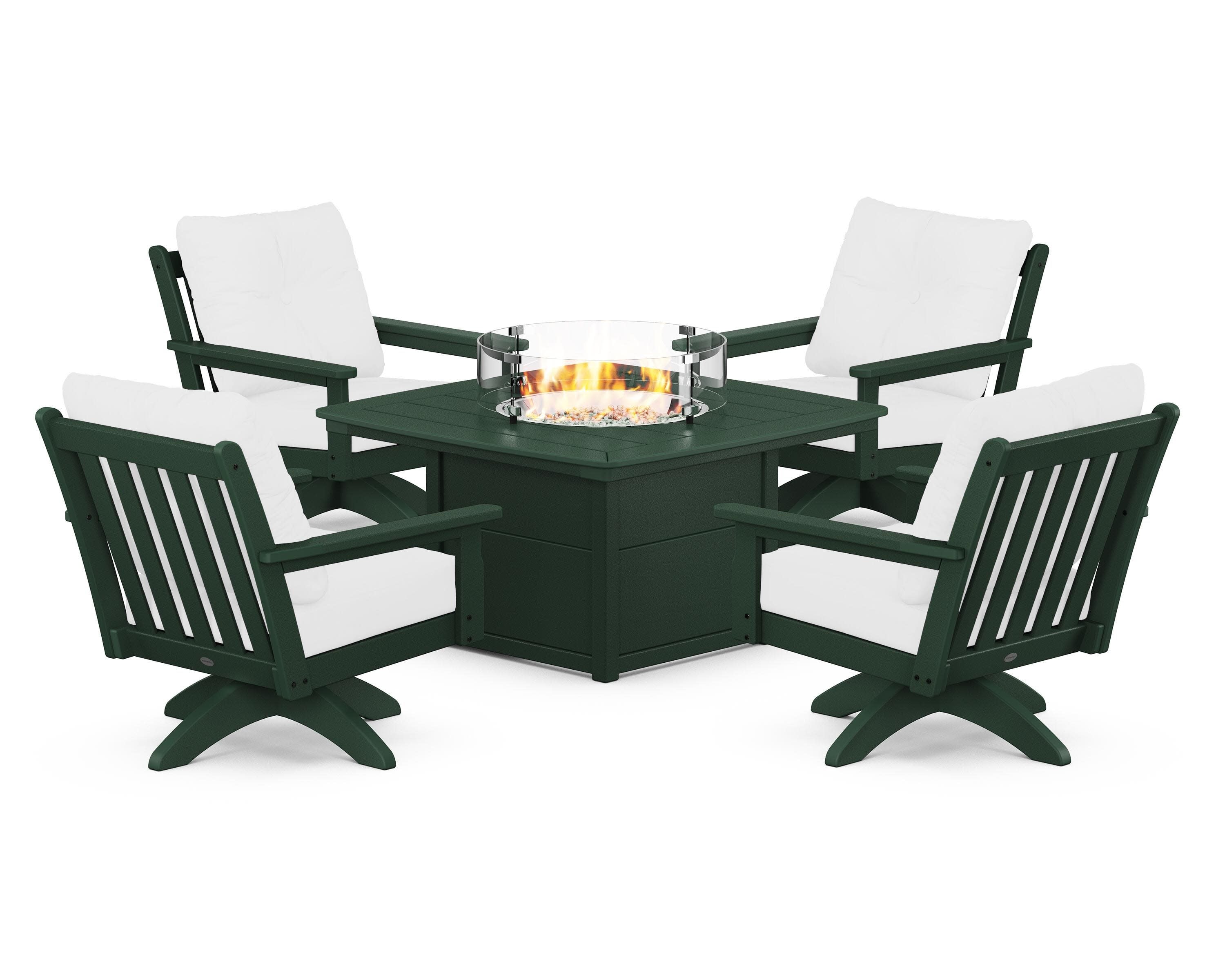 Vineyard 5-Piece Deep Seating Swivel Conversation Set with Fire Pit Table in Green / Natural